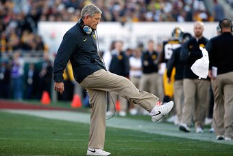 PASADENA, CA - JANUARY 01:  Head coach Kirk Ferentz of the Iowa Hawkeyes reacts on the sideline as the Hawkeyes trail the Stanford Cardinal  in the first half of the 102nd Rose Bowl Game on January 1, 2016 at the Rose Bowl in Pasadena, California.  (Photo