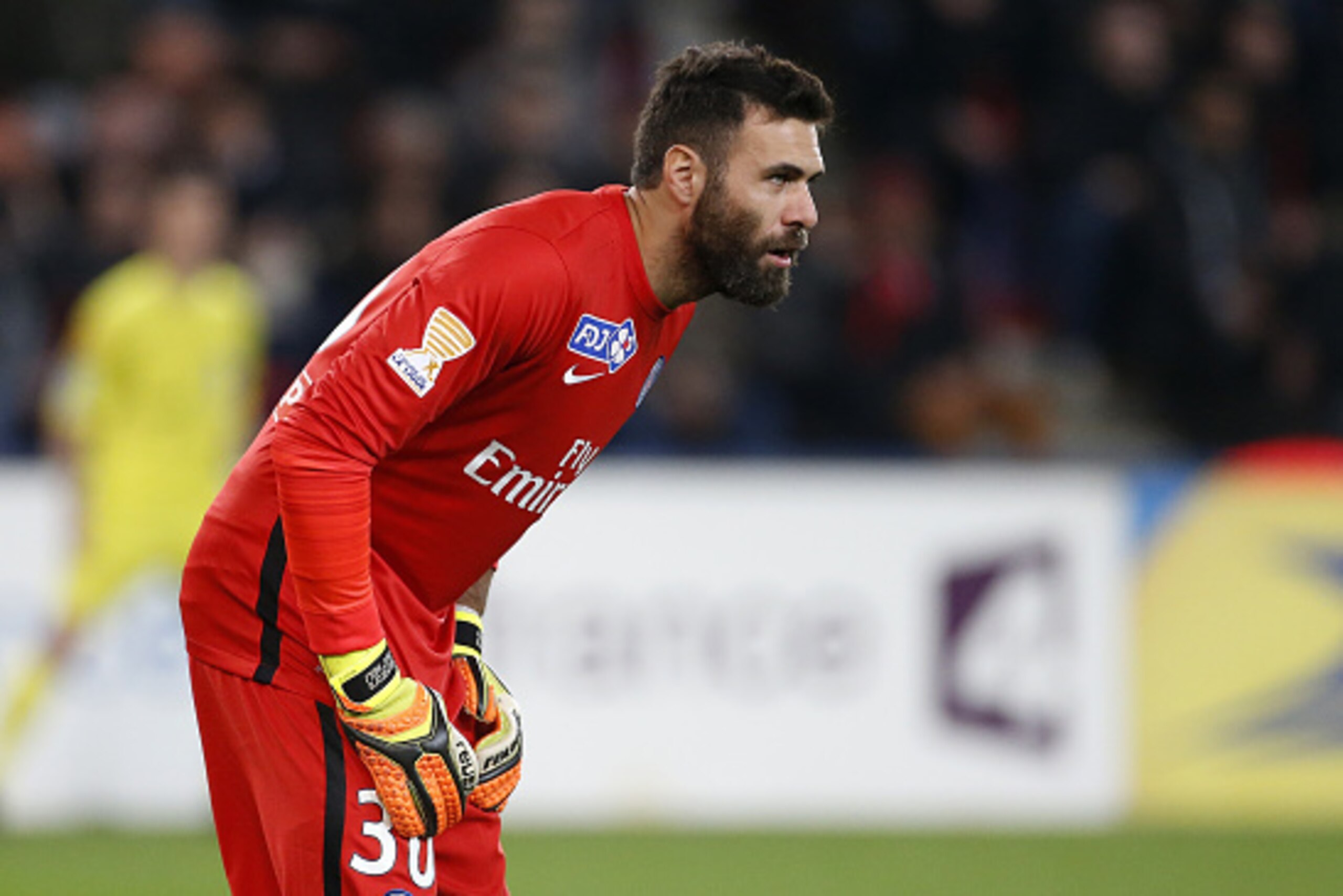 PARIS, FRANCE - DECEMBER 16: Goalkeeper of PSG Salvatore Sirigu looks on during the French League Cup (Coupe de la Ligue) match between Paris Saint-Germain (PSG) and AS Saint-Etienne (ASSE) at Parc des Princes stadium on December 16, 2015 in Paris, France