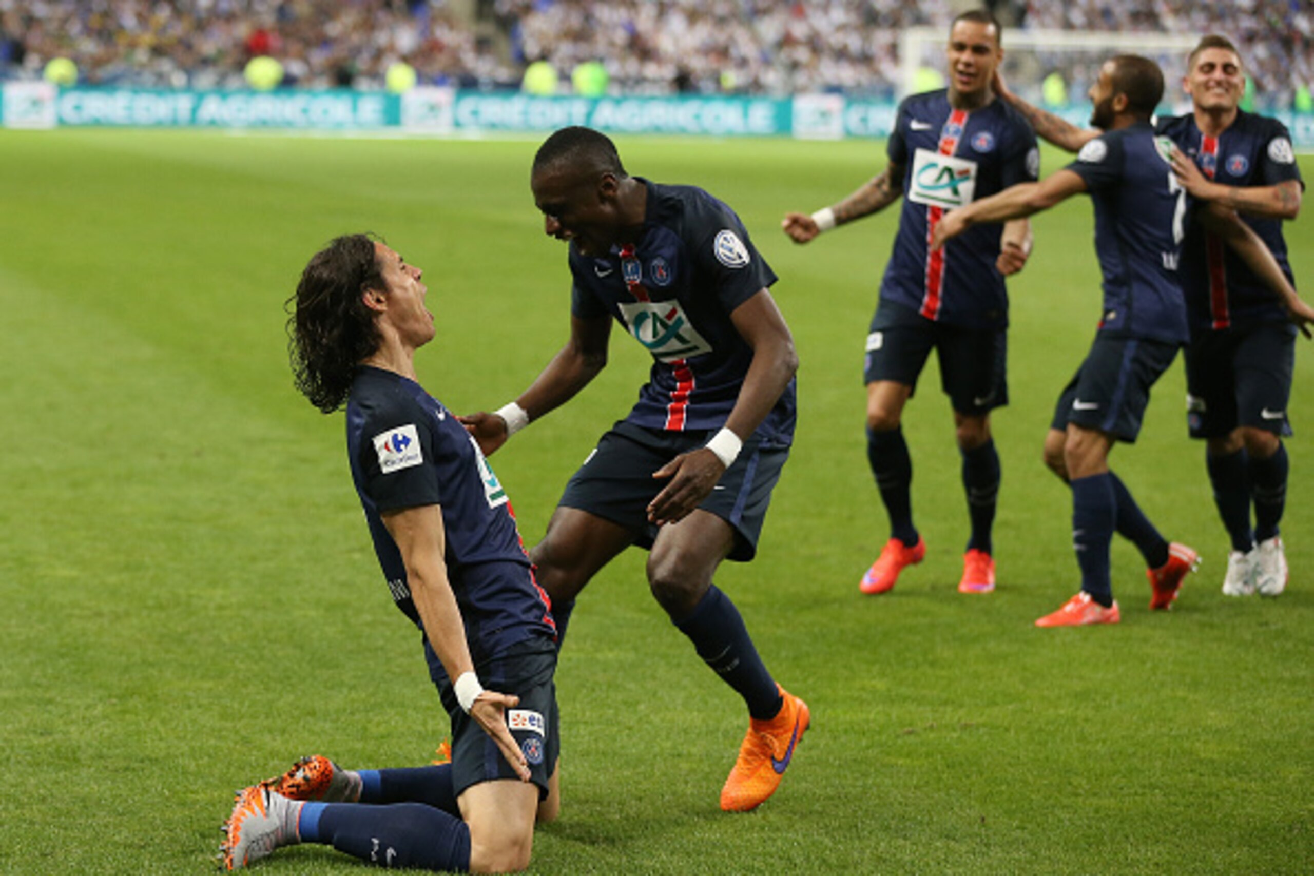 PARIS, FRANCE - MAY 30: Edinson Cavani of PSG celebrates his goal with Blaise Matuidi of PSG during the French Cup Final between Paris Saint-Germain (PSG) and AJ Auxerre at Stade de France on May 30, 2015 in Saint-Denis nearby Paris, France. (Photo by Jea