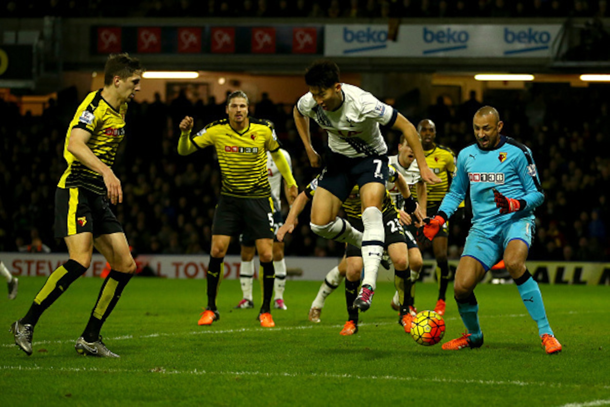 WATFORD, ENGLAND - DECEMBER 28:  Son Heung-min of Tottenham Hotspur scores his team's second goal during the Barclays Premier League match between Watford and Tottenham Hotspur at Vicarage Road on December 28, 2015 in Watford, England.  (Photo by Richard 