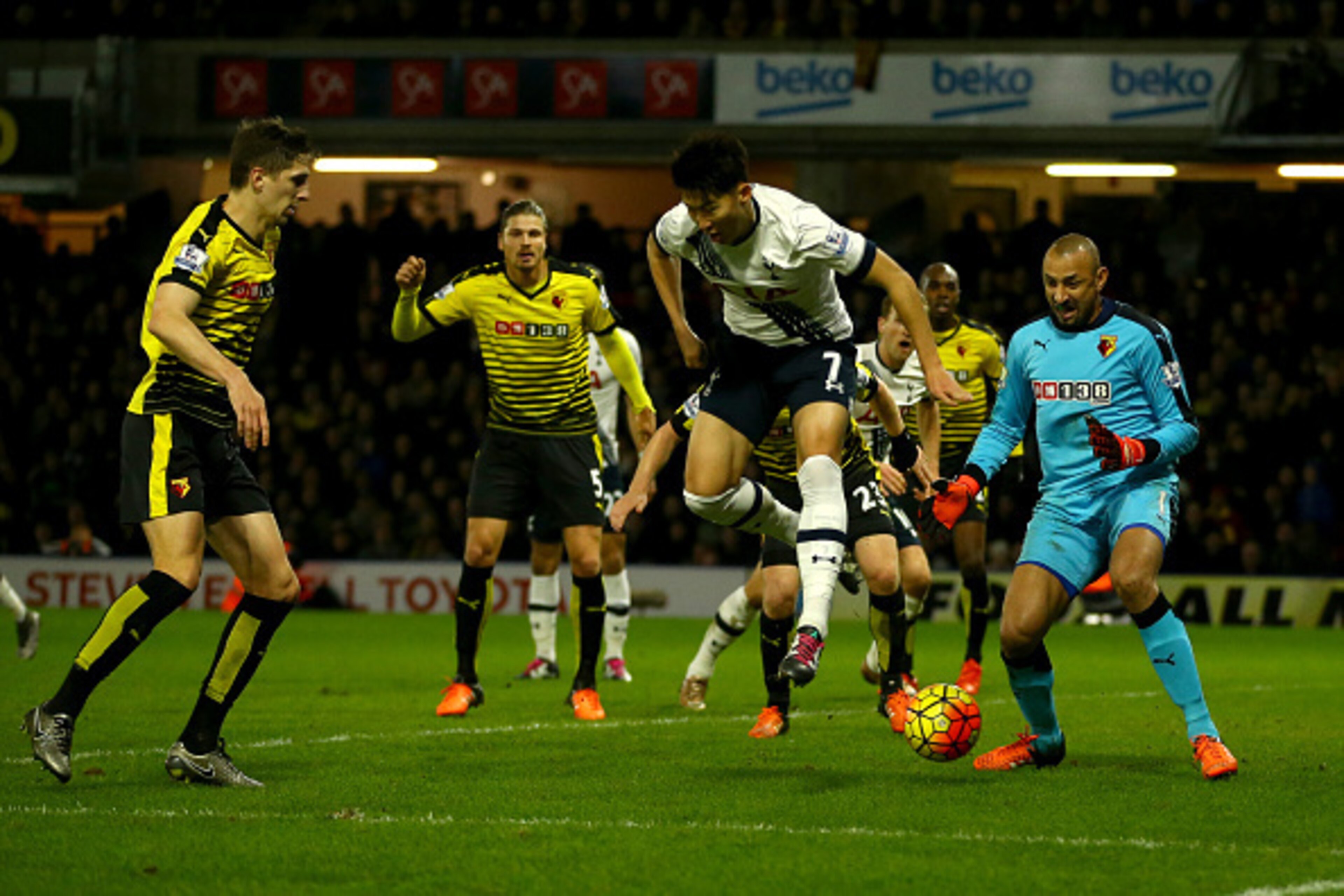WATFORD, ENGLAND - DECEMBER 28:  Son Heung-min of Tottenham Hotspur scores his team's second goal during the Barclays Premier League match between Watford and Tottenham Hotspur at Vicarage Road on December 28, 2015 in Watford, England.  (Photo by Richard 