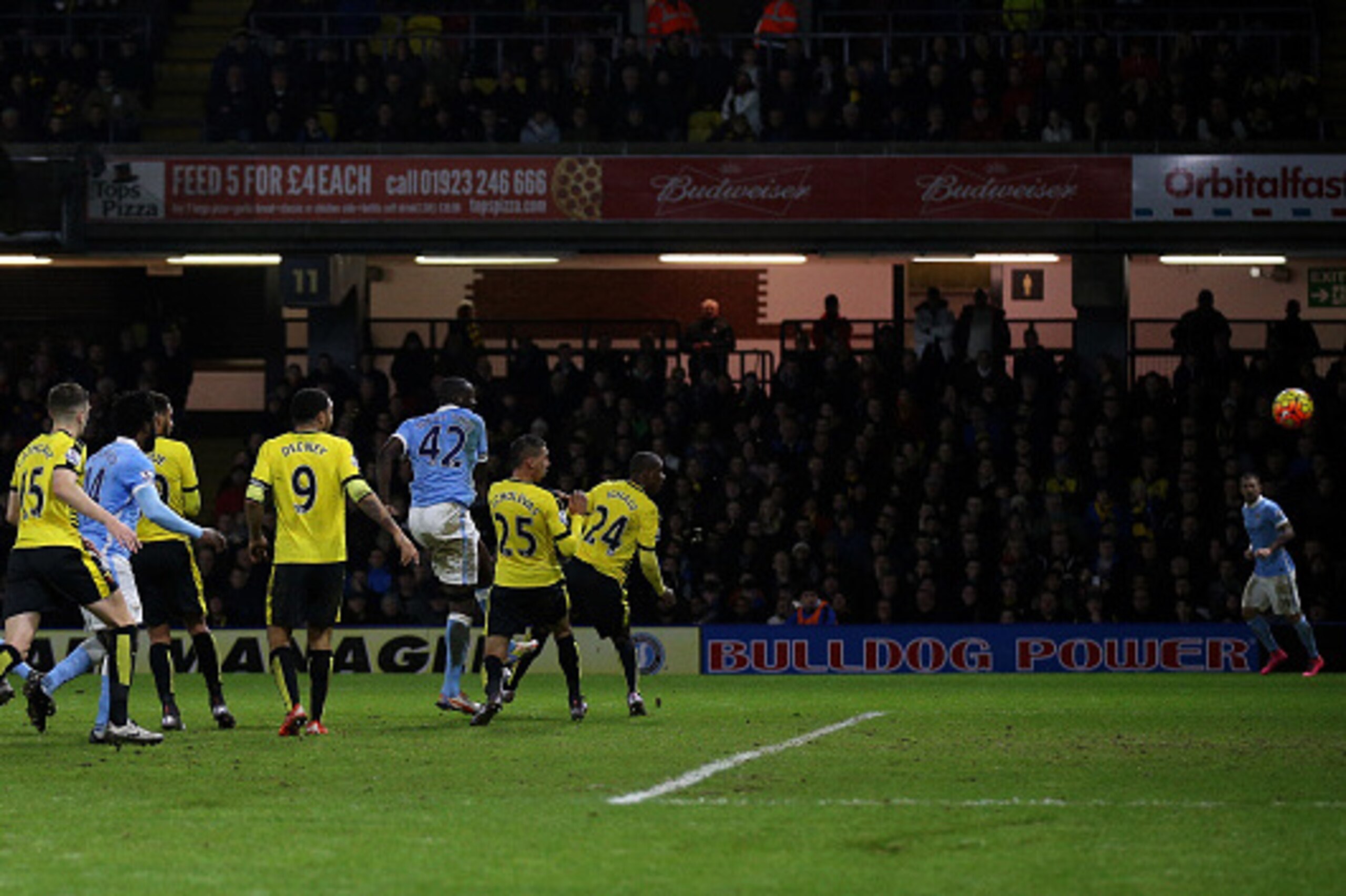 WATFORD, ENGLAND - JANUARY 02: Yaya Toure of Manchester City (6L) scores his side's first goal during the Barclays Premier League match between Watford and Manchester City at Vicarage Road on January 2, 2016 in Watford, England. (Photo by Ian Walton/Get WATFORD, ENGLAND - JANUARY 02: Yaya Toure of Manchester City (6L) scores his side's first goal during the Barclays Premier League match between Watford and Manchester City at Vicarage Road on January 2, 2016 in Watford, England. (Photo by Ian Walton/Get