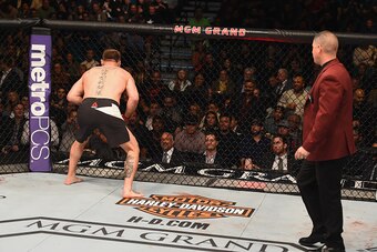 LAS VEGAS, NV - JANUARY 02: Stipe Miocic (left) reacts to his victory over Andrei Arlovski in their heavyweight bout during the UFC 195 event inside MGM Grand Garden Arena on January 2, 2016 in Las Vegas, Nevada. (Photo by Josh Hedges/Zuffa LLC/Zuffa LLC LAS VEGAS, NV - JANUARY 02: Stipe Miocic (left) reacts to his victory over Andrei Arlovski in their heavyweight bout during the UFC 195 event inside MGM Grand Garden Arena on January 2, 2016 in Las Vegas, Nevada. (Photo by Josh Hedges/Zuffa LLC/Zuffa LLC