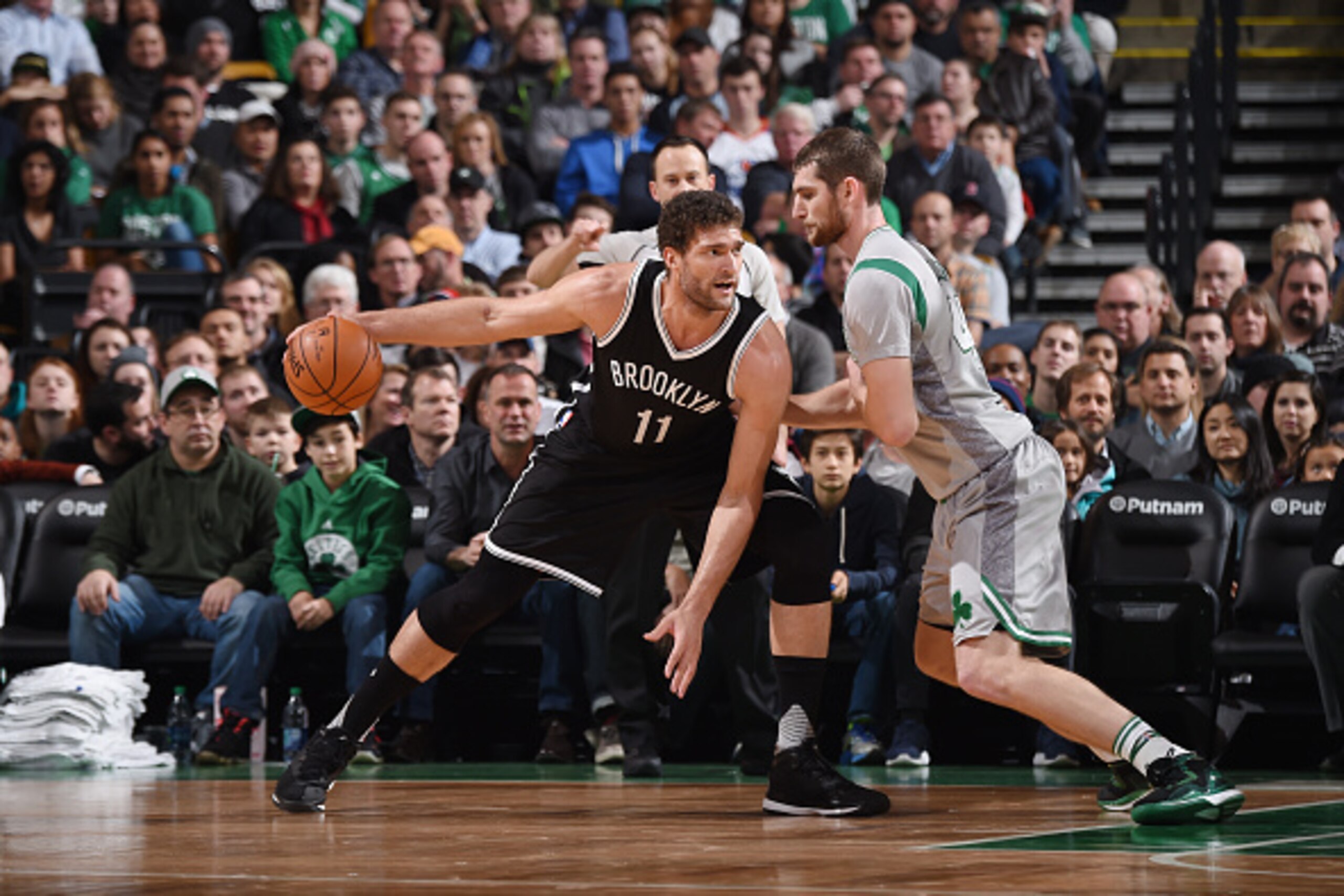 BOSTON, MA - JANUARY 2: Brook Lopez #11 of the Brooklyn Nets posts up against Tyler Zeller #44 of the Boston Celtics on January 2, 2016 at the TD Garden in Boston, Massachusetts. NOTE TO USER: User expressly acknowledges and agrees that, by downloading BOSTON, MA - JANUARY 2: Brook Lopez #11 of the Brooklyn Nets posts up against Tyler Zeller #44 of the Boston Celtics on January 2, 2016 at the TD Garden in Boston, Massachusetts. NOTE TO USER: User expressly acknowledges and agrees that, by downloading