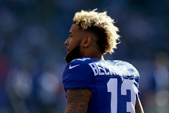 EAST RUTHERFORD, NJ - JANUARY 03:   Odell Beckham #13 of the New York Giants looks on prior to their game against the Philadelphia Eagles at MetLife Stadium on January 3, 2016 in East Rutherford, New Jersey.  (Photo by Elsa/Getty Images)
