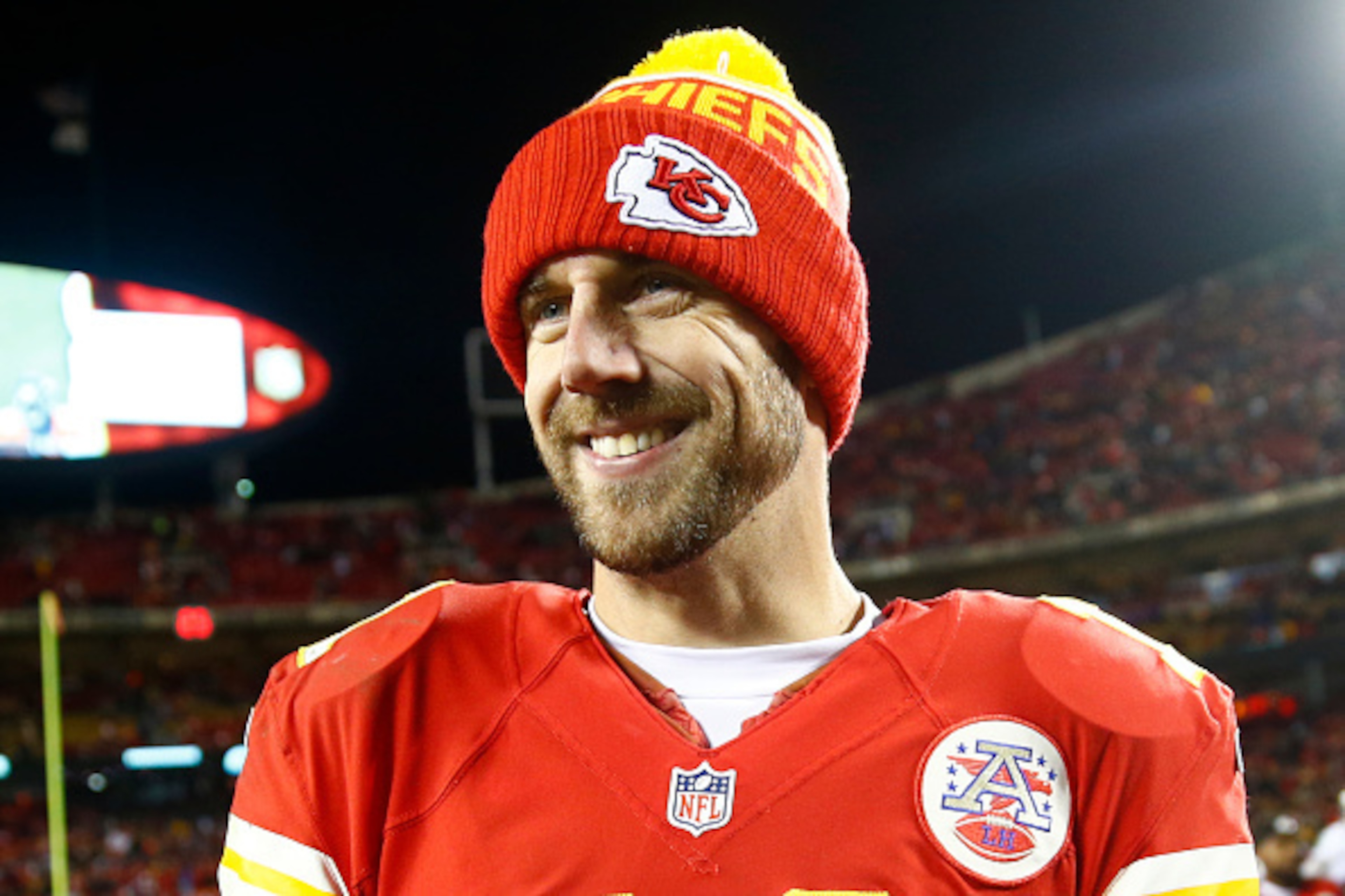 KANSAS CITY, MO - JANUARY 3: Alex Smith #11 of the Kansas City Chiefs smiles after the win over the Oakland Raiders at Arrowhead Stadium at the end of the game on January 3, 2016 in Kansas City, Missouri. (Photo by Jamie Squire/Getty Images)
