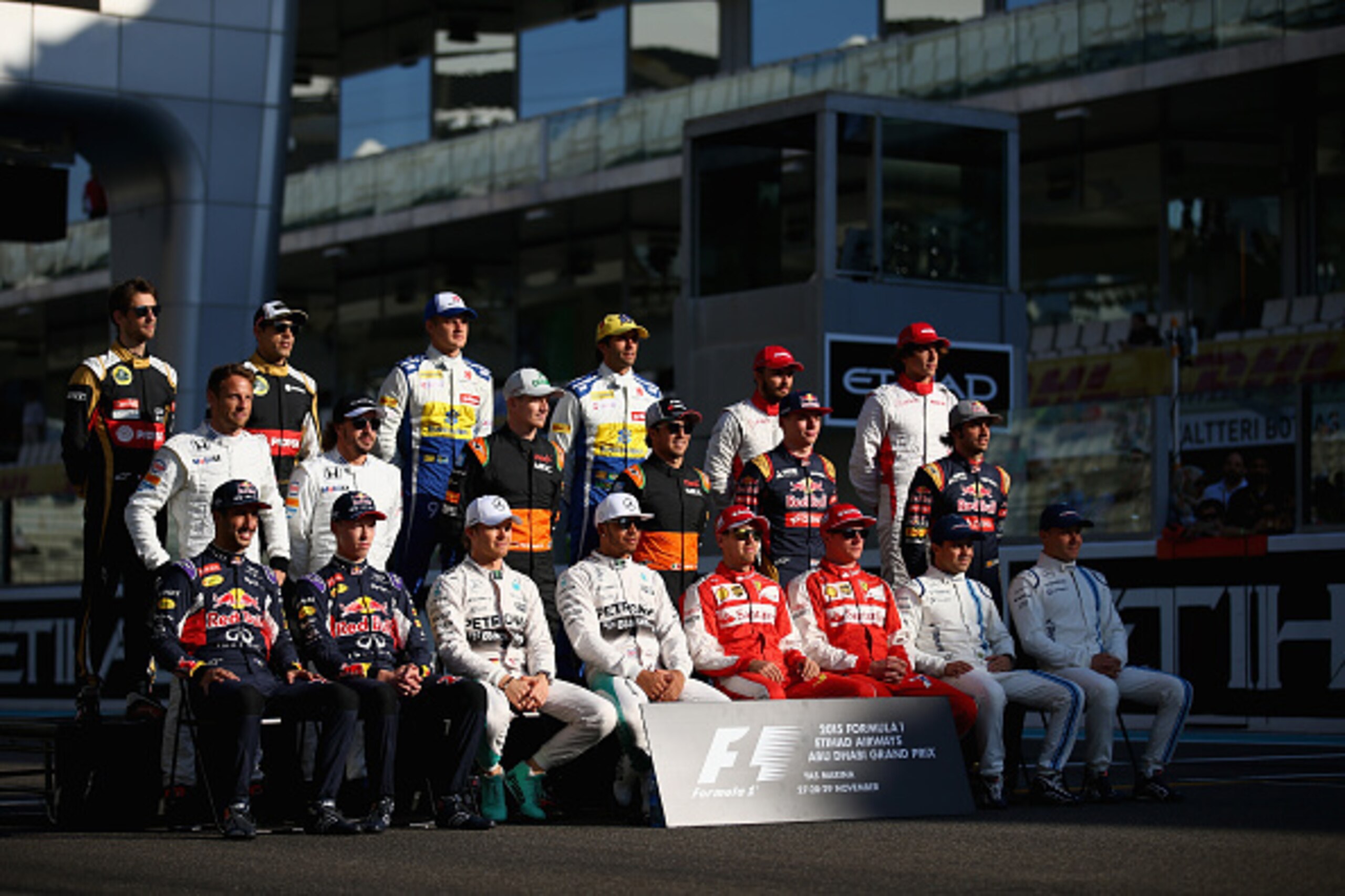ABU DHABI, UNITED ARAB EMIRATES - NOVEMBER 29:  (L-R front) Daniel Ricciardo of Australia and Infiniti Red Bull Racing, Daniil Kvyat of Russia and Infiniti Red Bull Racing, Nico Rosberg of Germany and Mercedes GP, Lewis Hamilton of Great Britain and Merce