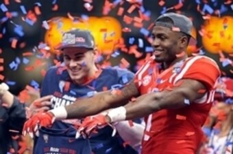 Jan 1, 2016; New Orleans, LA, USA; Mississippi Rebels quarterback Chad Kelly and wide receiver Laquon Treadwell (1) celebrate at the end of the 2016 Sugar Bowl at the Mercedes-Benz Superdome. Mississippi defeated the Oklahoma State Cowboys, 48-20. Mandato