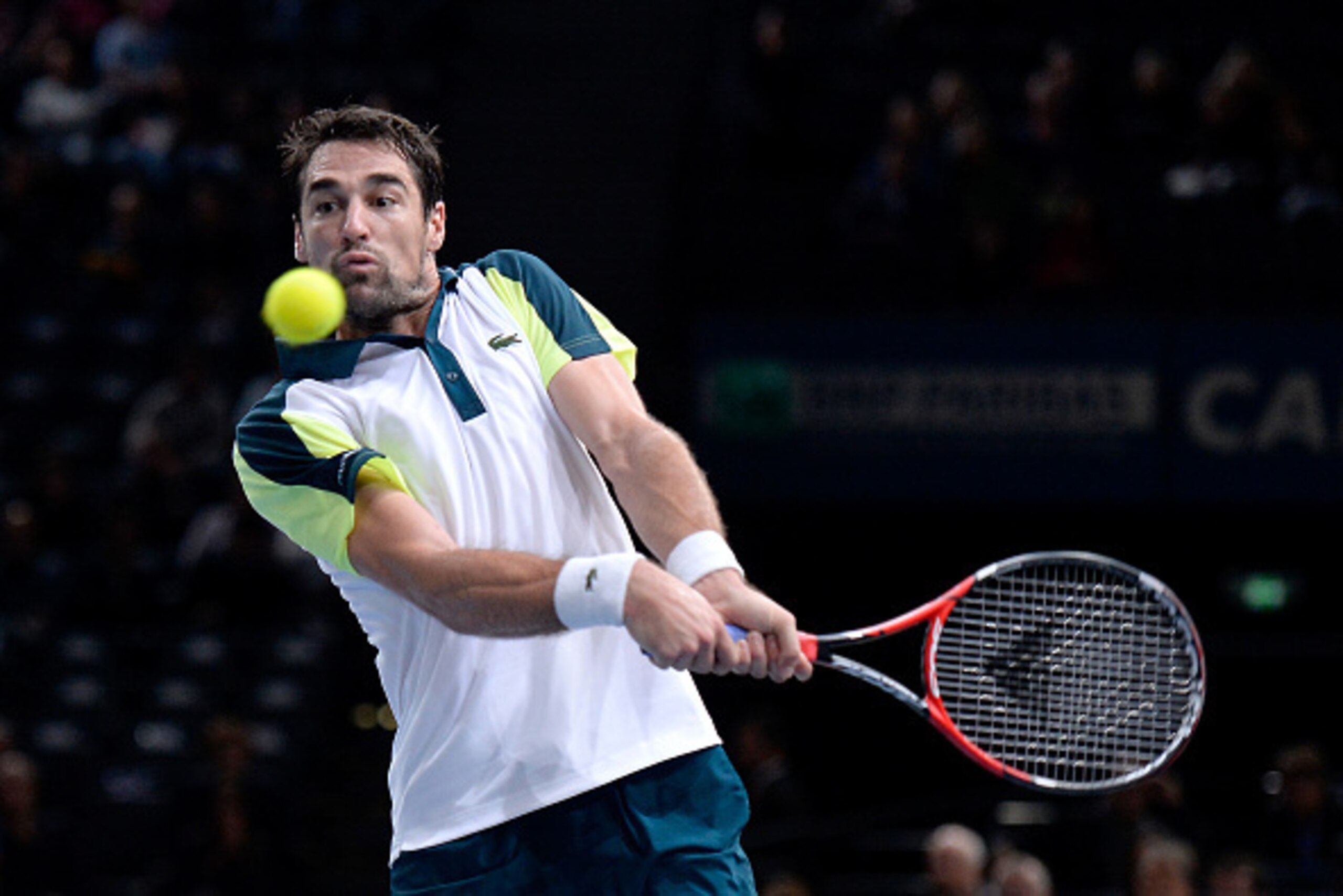 PARIS, FRANCE - NOVEMBER 04:  Jeremy Chardy of France in action during his Men's second round match against Kei Nishikori of Japan on day three of the BNP Paribas Masters at Palais Omnisports de Bercy on November 4 2015 in Paris, France.  (Photo by Aureli