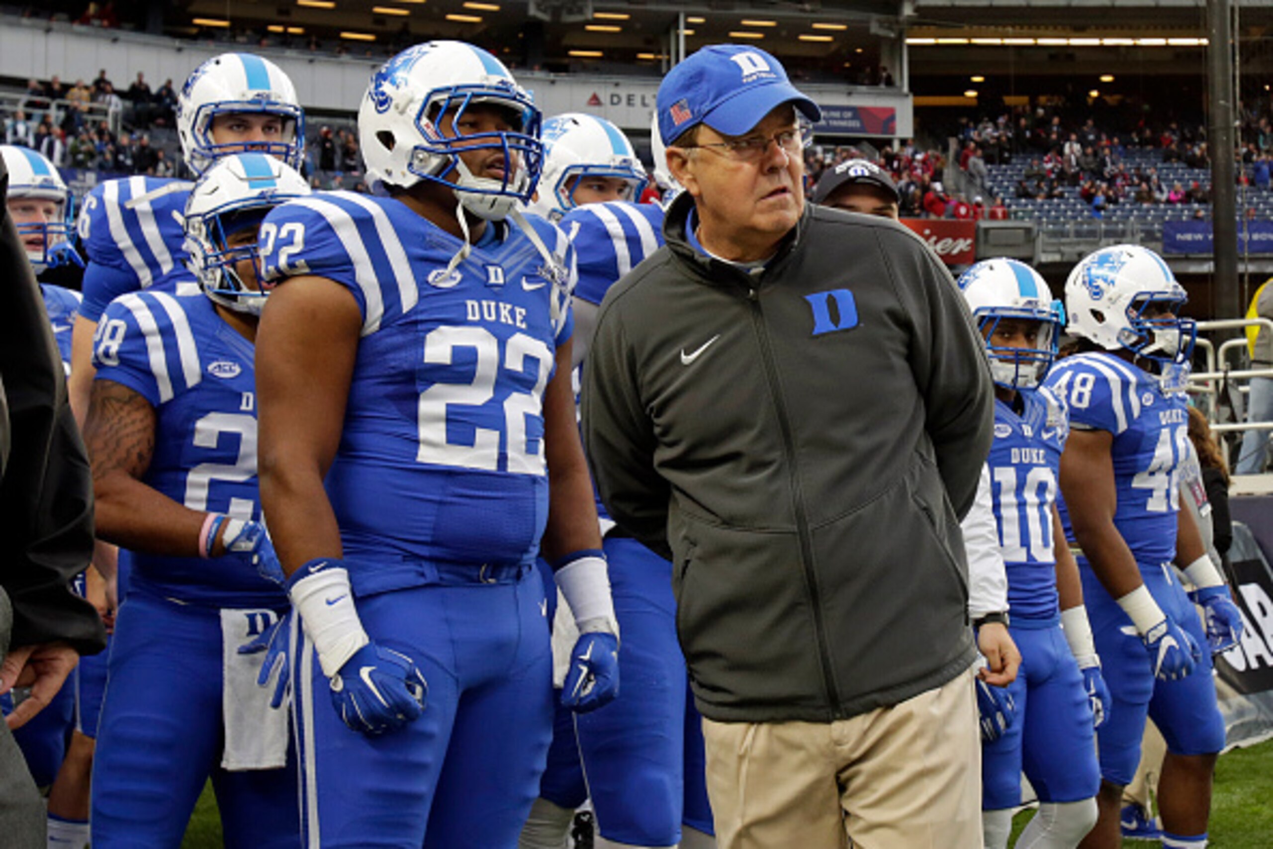 NEW YORK, NY - DECEMBER 26: Head coach David Cutcliffe of the Duke Blue Devils waits to lead his team on to the field to take on the Indiana Hoosiers in the New Era Pinstripe Bowl at Yankee Stadium on December 26, 2015 in the Bronx borough of New York Cit NEW YORK, NY - DECEMBER 26: Head coach David Cutcliffe of the Duke Blue Devils waits to lead his team on to the field to take on the Indiana Hoosiers in the New Era Pinstripe Bowl at Yankee Stadium on December 26, 2015 in the Bronx borough of New York Cit