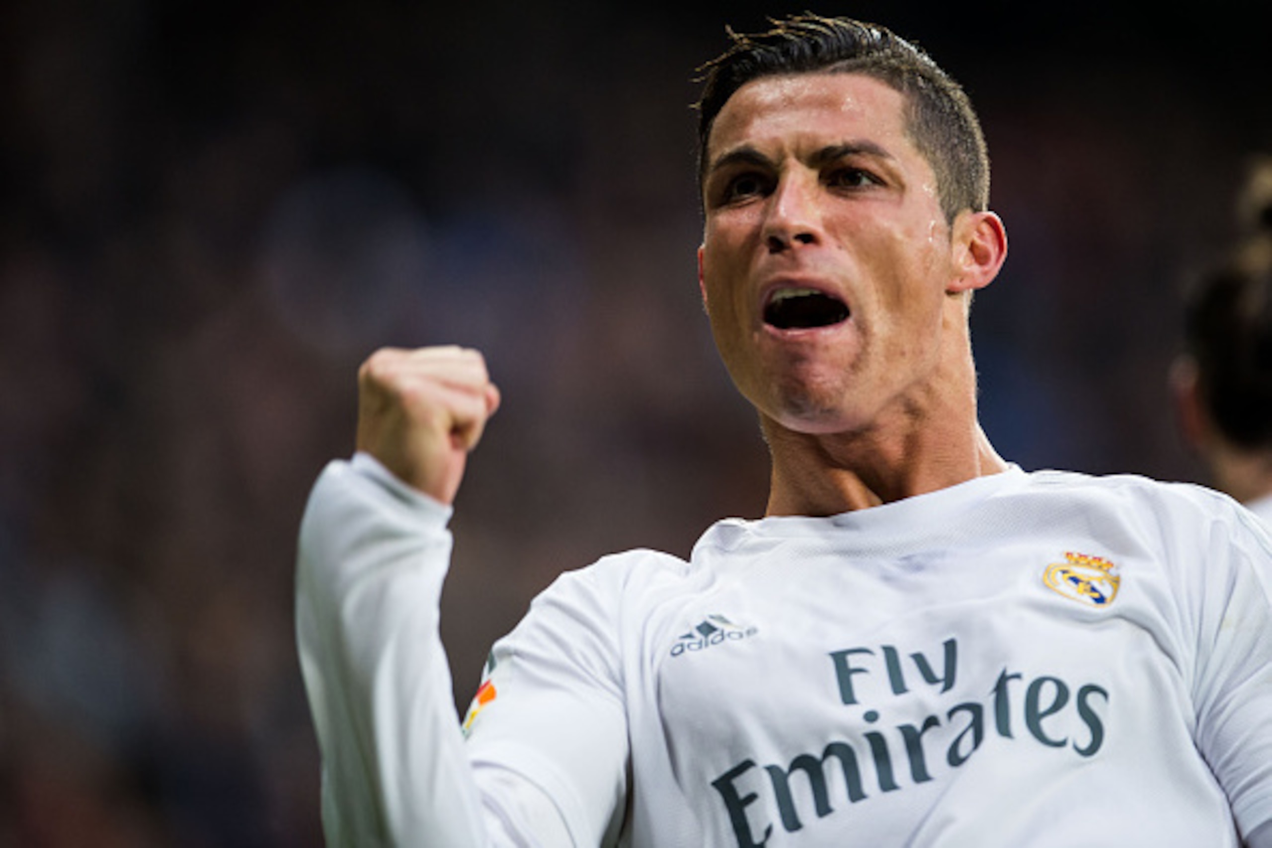 MADRID, SPAIN - DECEMBER 30:  Cristiano Ronaldo of Real Madrid CF celebrates after scoring a goal during the Real Madrid CF vs Real Sociedad match as part of the Liga BBVA 2015-2016 at Estadio Santiago Bernabeu on December 30, 2015 in Madrid, Spain.  (Pho