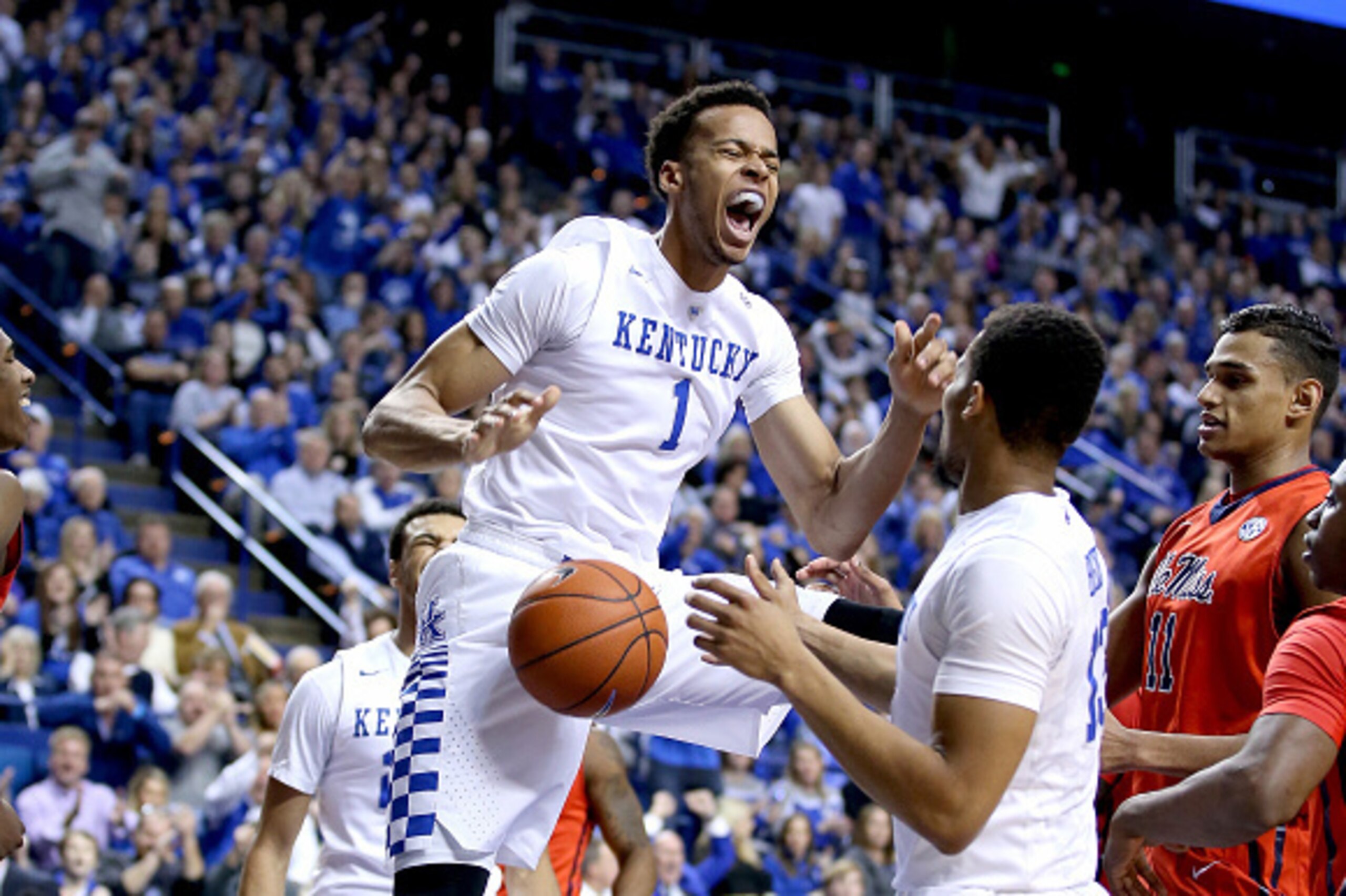 LEXINGTON, KY - JANUARY 02:  Skal Labissiere #1 of the Kentucky Wildcats celebrates after dunking the ball against the Mississippi  Rebels at Rupp Arena on January 2, 2016 in Lexington, Kentucky.  (Photo by Andy Lyons/Getty Images)