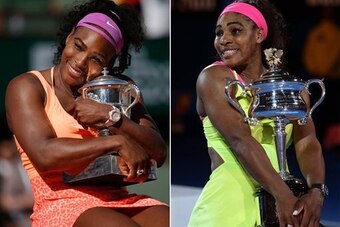 Serena Williams with the French Open and Australian Open trophies in 2015.