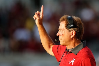 STARKVILLE, MS - NOVEMBER 14:  Head coach Nick Saban of the Alabama Crimson Tide reacts after a touchdown by Calvin Ridley #3 against the Mississippi State Bulldogs at Davis Wade Stadium on November 14, 2015 in Starkville, Mississippi.  (Photo by Kevin C.