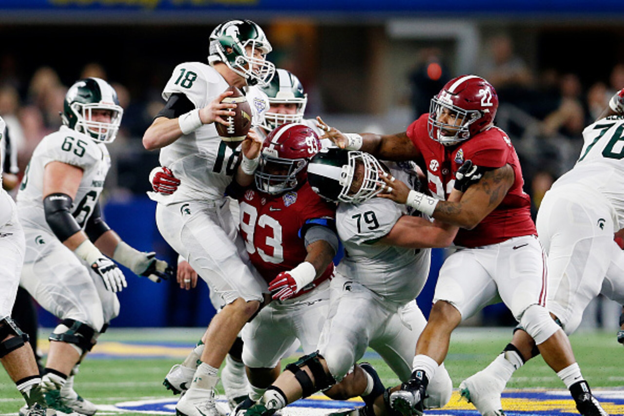 ARLINGTON, TX - DECEMBER 31:  Defensive lineman Jonathan Allen #93 of the Alabama Crimson Tide sacks quarterback Connor Cook #18 of the Michigan State Spartans in the second quarter during the Goodyear Cotton Bowl at AT&T Stadium on December 31, 2015 in A