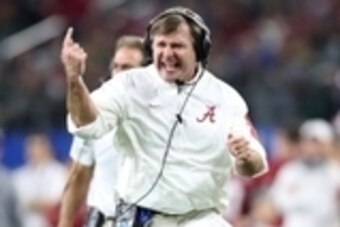 Dec 31, 2015; Arlington, TX, USA; Alabama Crimson Tide defensive coordinator Kirby Smart yells from the sidelines in the 2015 CFP semifinal at the Cotton Bowl against the Michigan State Spartans at AT&T Stadium. Mandatory Credit: Matthew Emmons-USA TODAY 