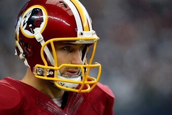 ARLINGTON, TX - JANUARY 03: Kirk Cousins #8 of the Washington Redskins looks on before the Redskins take on the Dallas Cowboys at AT&T Stadium on January 3, 2016 in Arlington, Texas. (Photo by Ronald Martinez/Getty Images)