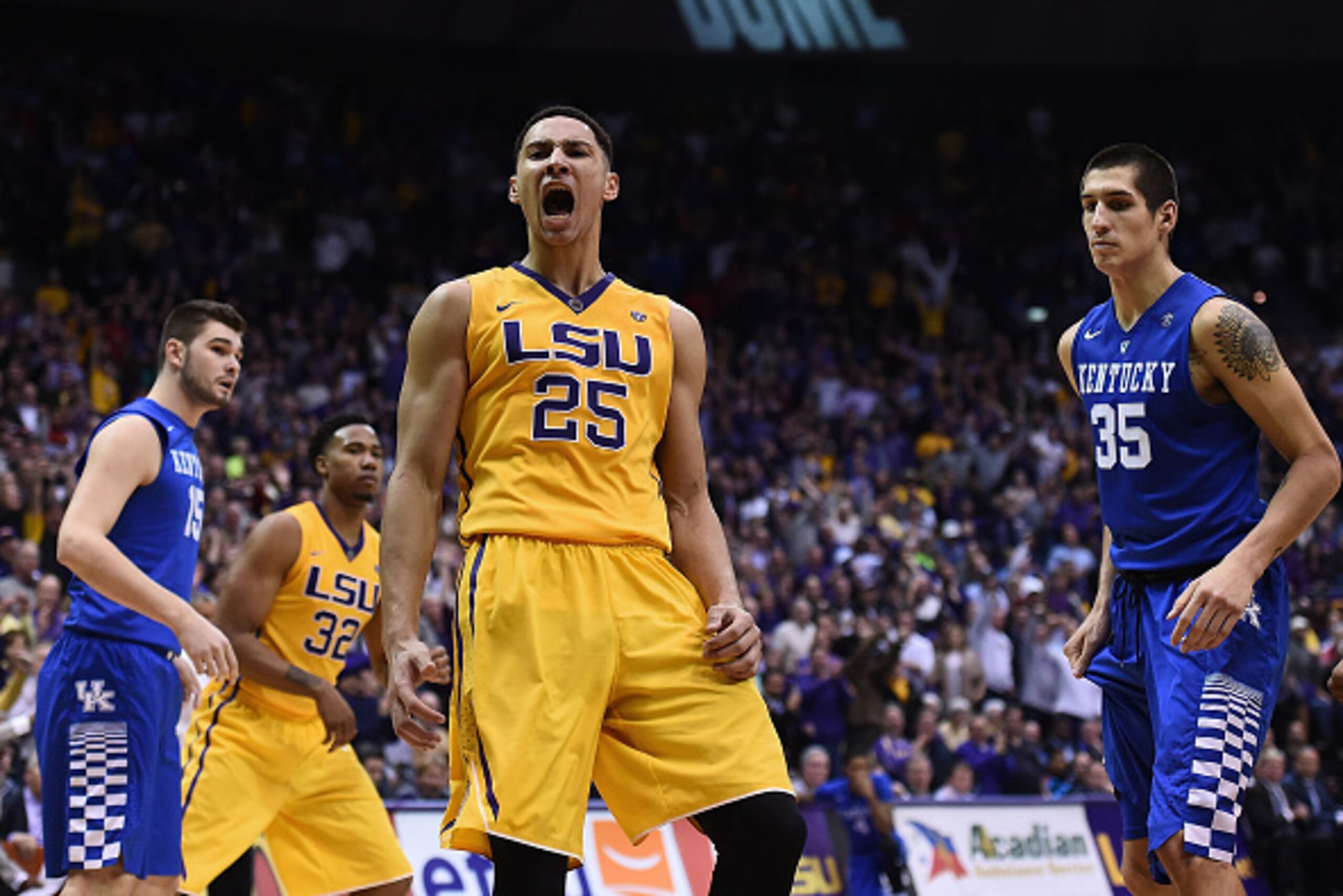BATON ROUGE, LA - JANUARY 05:  Ben Simmons #25 of the LSU Tigers reacts to a dunk against the Kentucky Wildcats during the second half of a game at the Pete Maravich Assembly Center on January 5, 2016 in Baton Rouge, Louisiana.  LSU defeated Kentucky 85-6