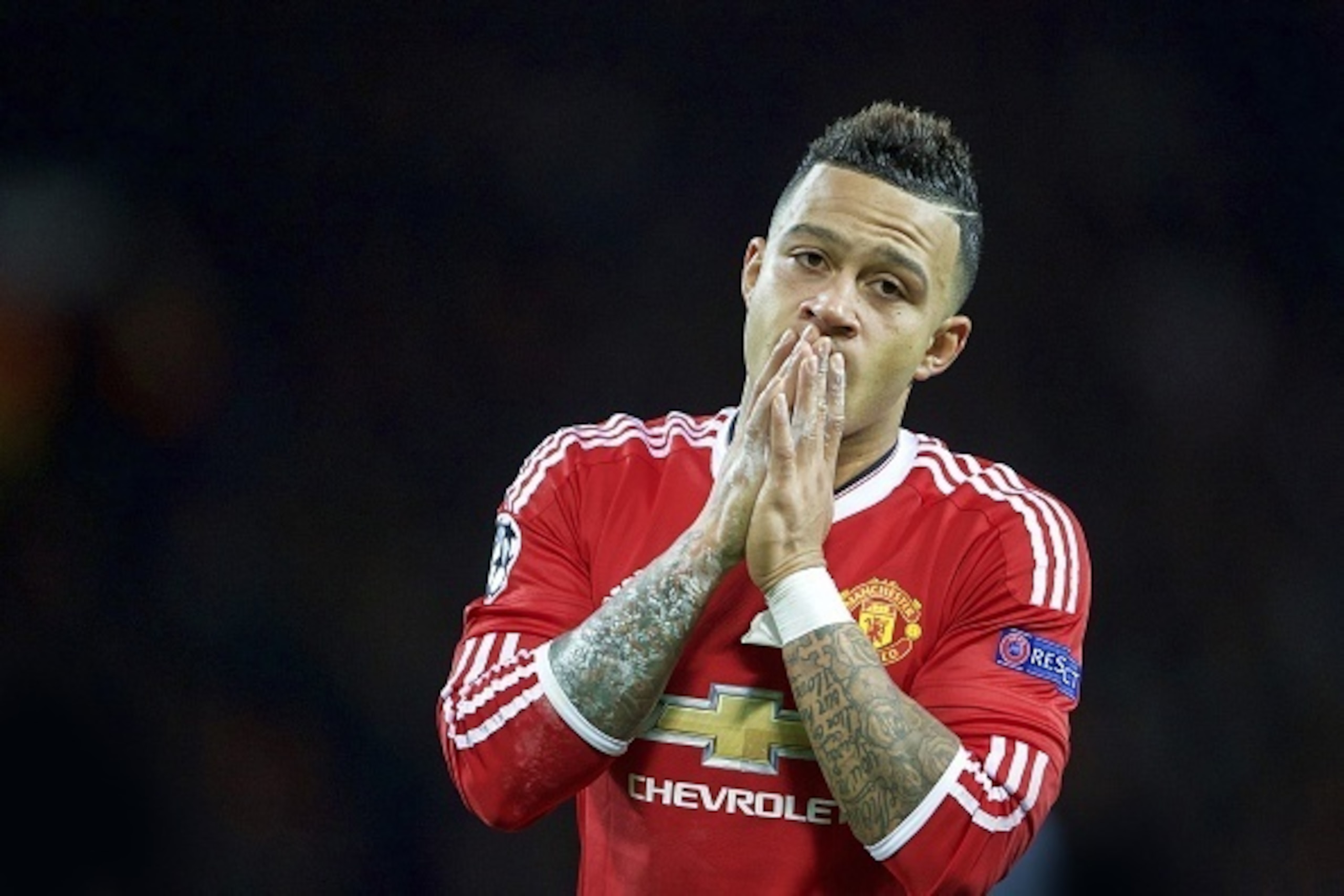 Memphis Depay of Manchester United during the UEFA Champions League group B match between Manchester United and  PSV Eindhoven on November 25, 2015 at Old Trafford in Manchester, England(Photo by VI Images via Getty Images)