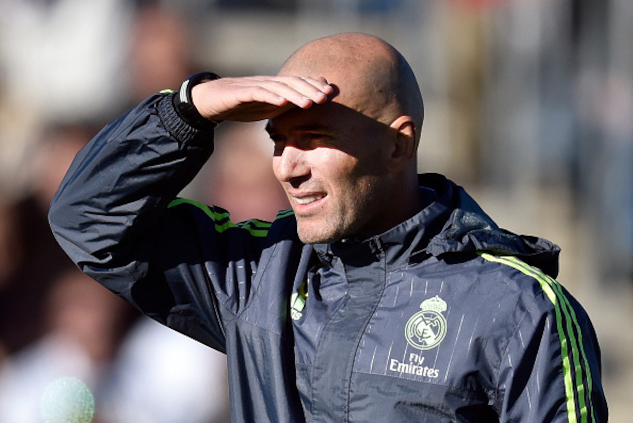 Real Madrid's new French coach Zinedine Zidane gestures during his first training session as coach of Real Madrid at the Alfredo di Stefano stadium in Valdebebas, on the outskirts of Madrid, on January 5, 2016. Real Madrid legend Zinedine Zidane promised 