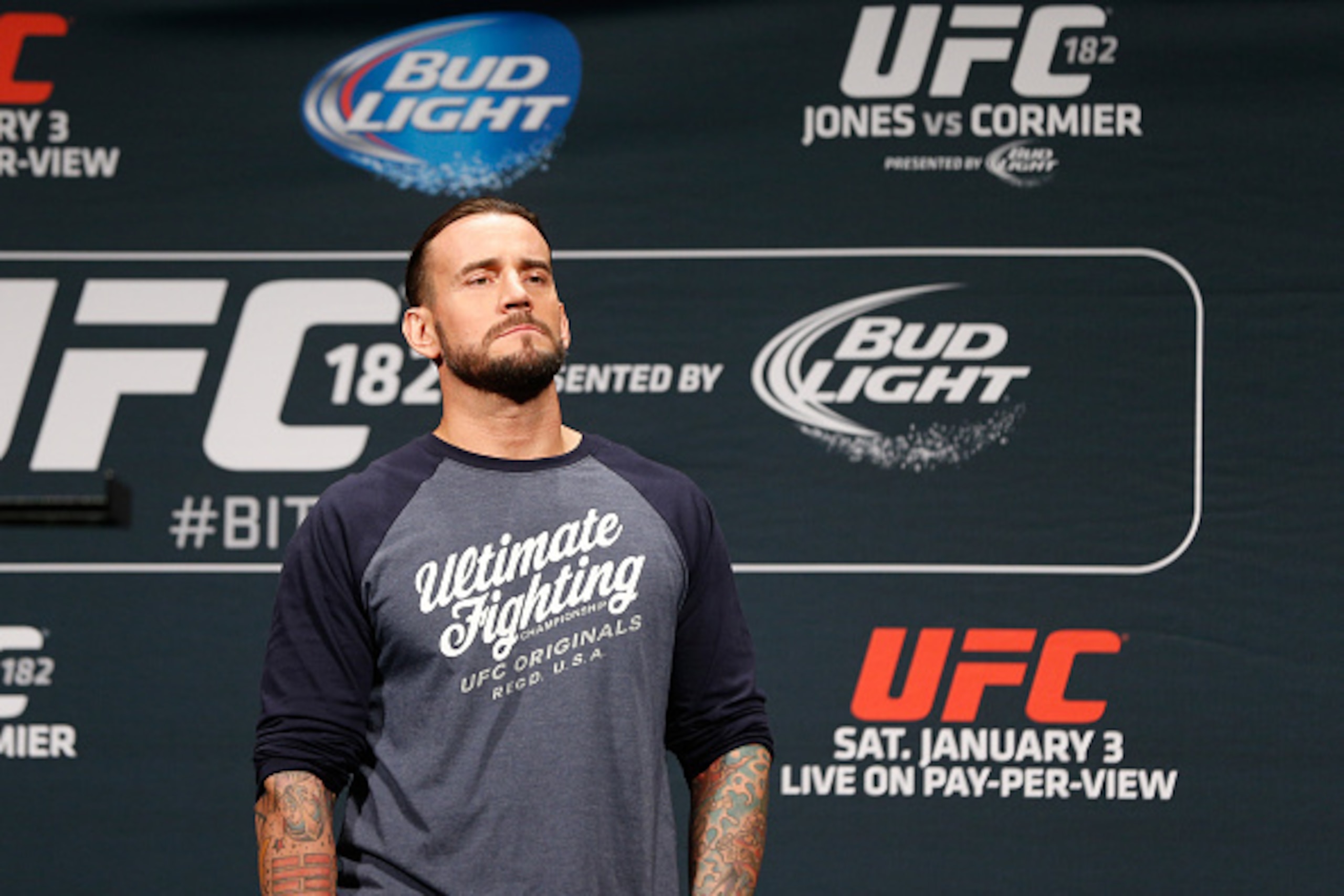 LAS VEGAS, NV - JANUARY 02:  Phil 'C.M. Punk' Brooks interacts with fans during a Q&A session before the UFC 182 weigh-in event at the MGM Grand Conference Center on January 2, 2015 in Las Vegas, Nevada. (Photo by Josh Hedges/Zuffa LLC/Zuffa LLC via Getty