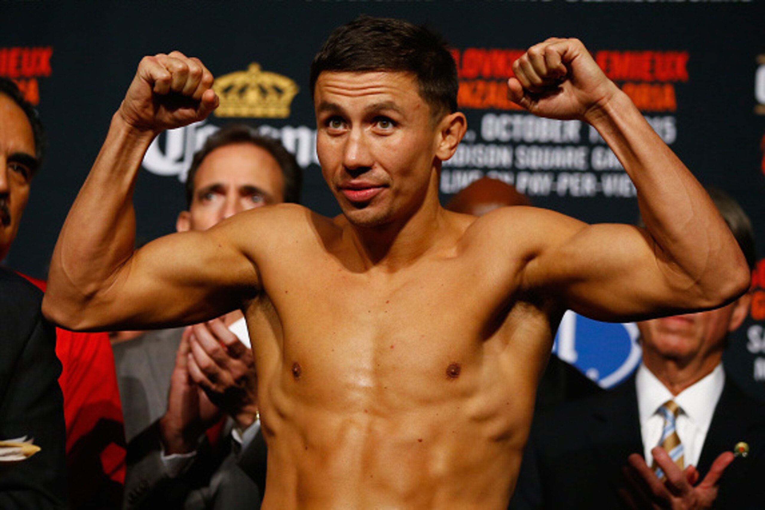 NEW YORK, NY - OCTOBER 16:  Gennady Golovkin weighs in for his WBA/WBC interim/IBF middleweight title unification bout against  David Lemieux at Madison Square Garden on October 16, 2015 in New York City.  (Photo by Al Bello/Getty Images)