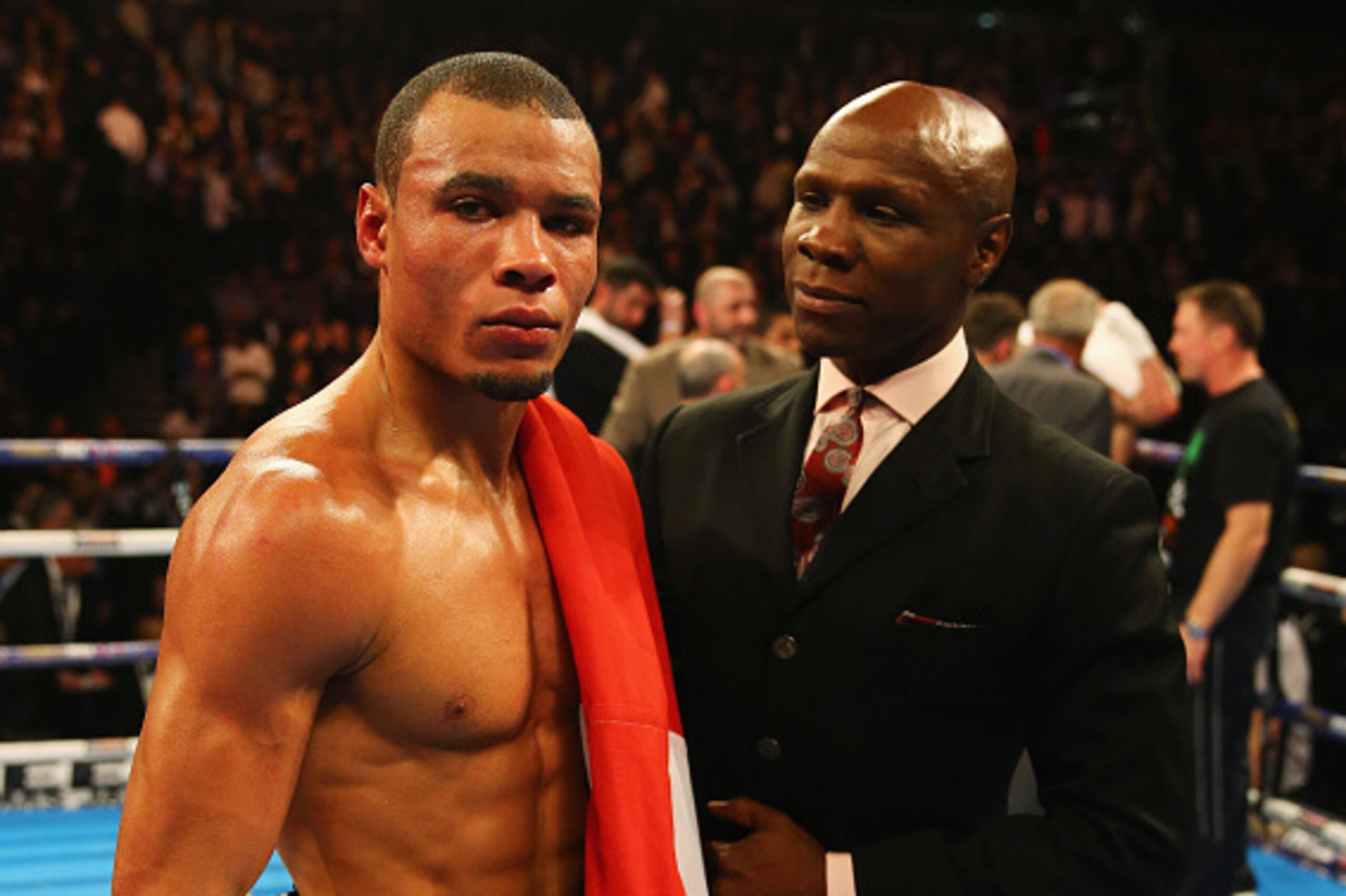 LONDON, ENGLAND - DECEMBER 12:  Chris Eubank Jr celebrates victory over Gary O'Sullivan with father Chris Eubank after the WBA Middleweight final eliminator contest at The O2 Arena on December 12, 2015 in London, England.  (Photo by Richard Heathcote/Gett