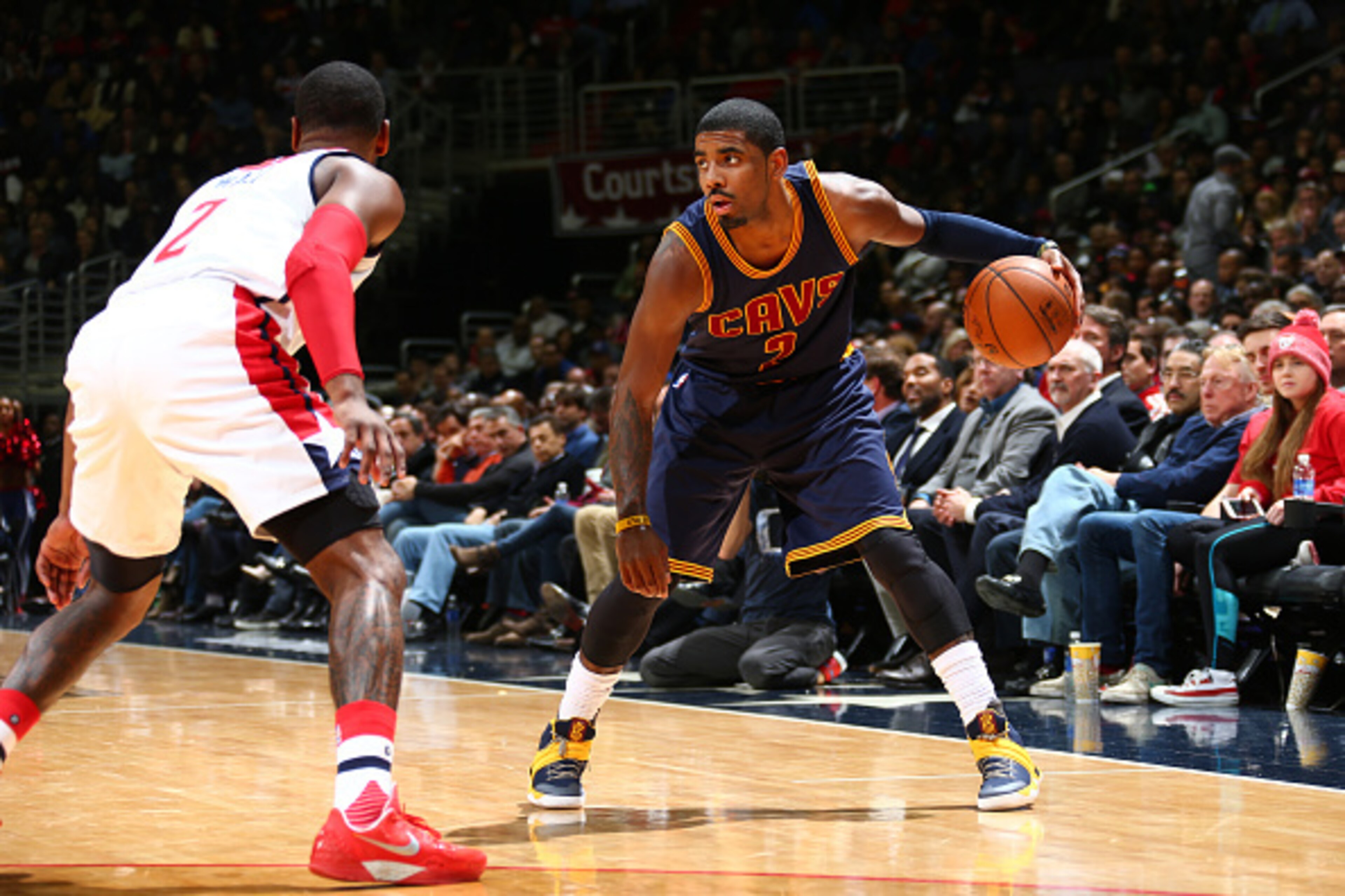 WASHINGTON, DC - JANUARY 6: Kyrie Irving #2 of the Cleveland Cavaliers defends the ball against the Washington Wizards during the game on January 6, 2016 at Verizon Center in Washington, District of Columbia. NOTE TO USER: User expressly acknowledges and 