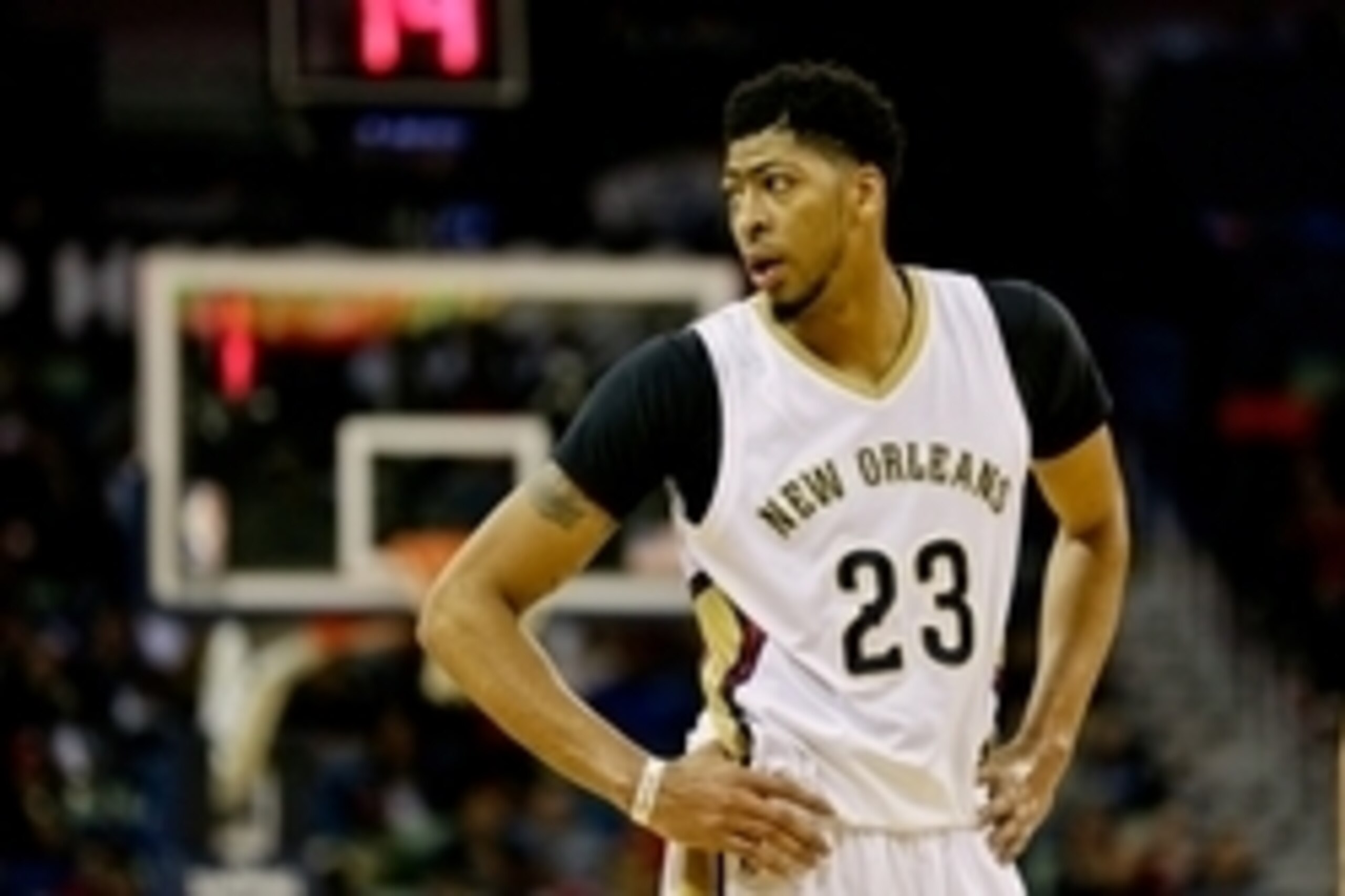 Jan 6, 2016; New Orleans, LA, USA; New Orleans Pelicans forward Anthony Davis (23) looks on during the first quarter of a game against the Dallas Mavericks at the Smoothie King Center. Mandatory Credit: Derick E. Hingle-USA TODAY Sports