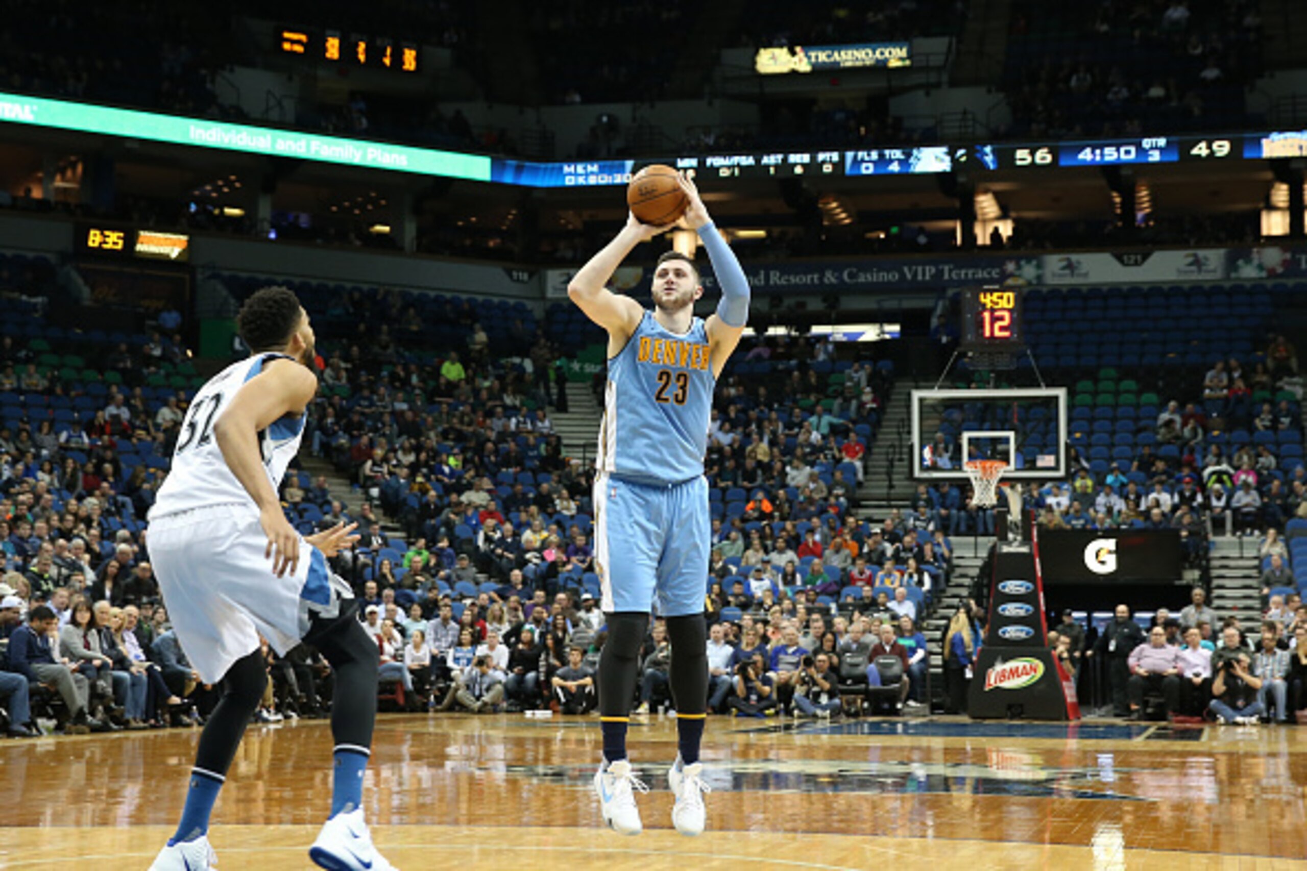MINNEAPOLIS, MN -  JANUARY 6:  Jusuf Nurkic #23 of the Denver Nuggets shoots the ball against the Minnesota Timberwolves on January 6, 2016 at Target Center in Minneapolis, Minnesota. NOTE TO USER: User expressly acknowledges and agrees that, by downloadi