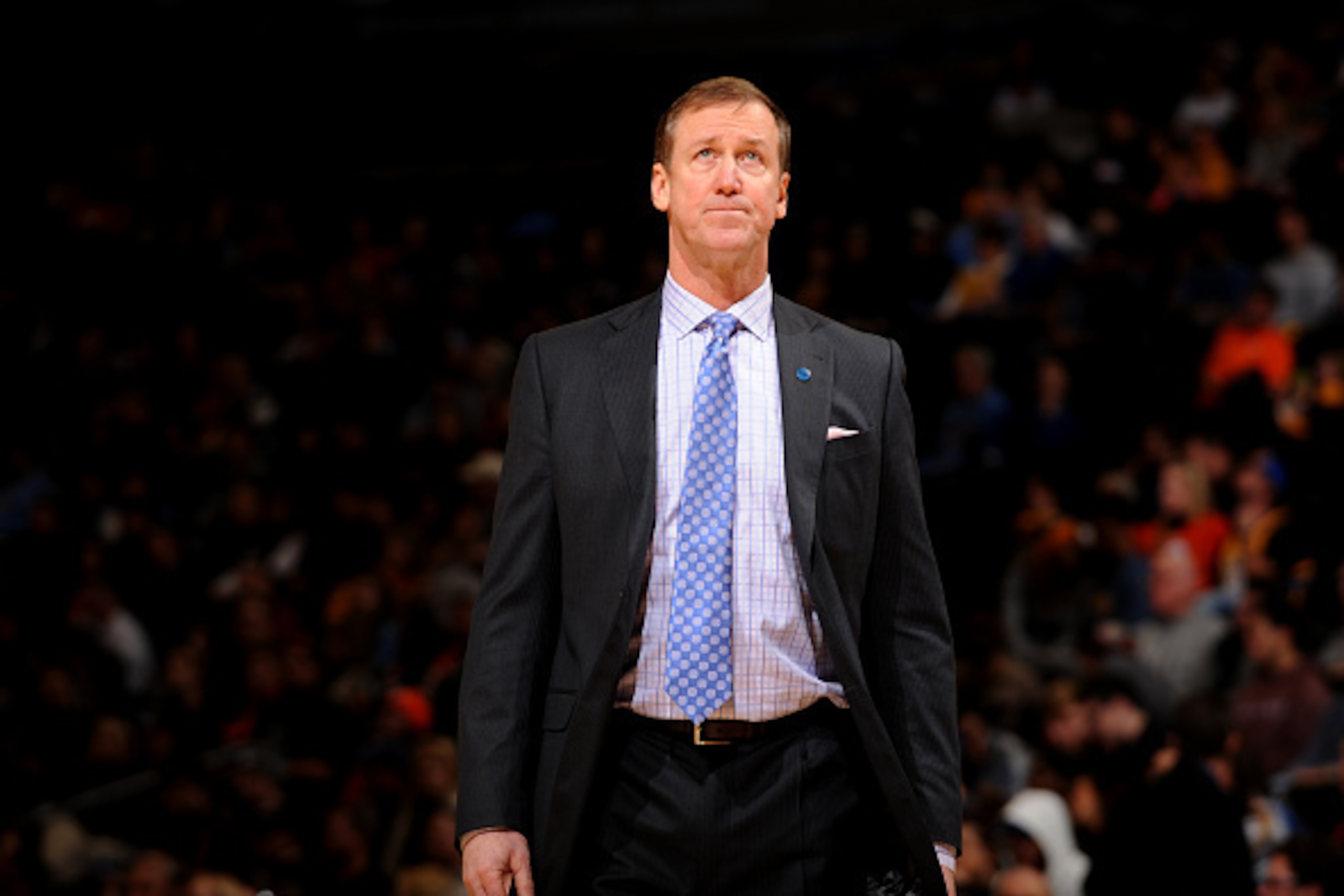DENVER, CO - JANUARY 3: Terry Stotts of the Portland Trail Blazers looks on during the game against the Denver Nuggets on January 3, 2016 at the Pepsi Center in Denver, Colorado. NOTE TO USER: User expressly acknowledges and agrees that, by downloading an