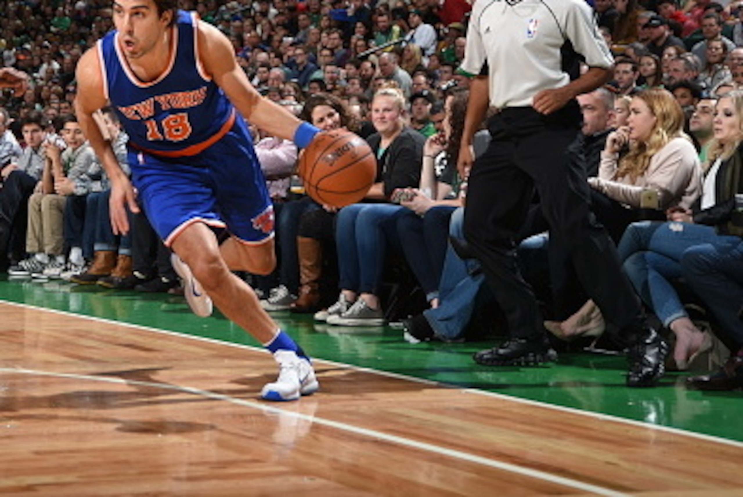 BOSTON, MA - DECEMBER 27:  Sasha Vujacic #18 of the New York Knicks drives to the basket against the Boston Celtics on December 27, 2015 at the TD Garden in Boston, Massachusetts.  NOTE TO USER: User expressly acknowledges and agrees that, by downloading 