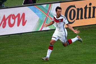 RIO DE JANEIRO, BRAZIL - JULY 04:  Mats Hummels of Germany celebrates scoring his team's first goal during the 2014 FIFA World Cup Brazil Quarter Final match between France and Germany at Maracana on July 4, 2014 in Rio de Janeiro, Brazil.  (Photo by Cliv