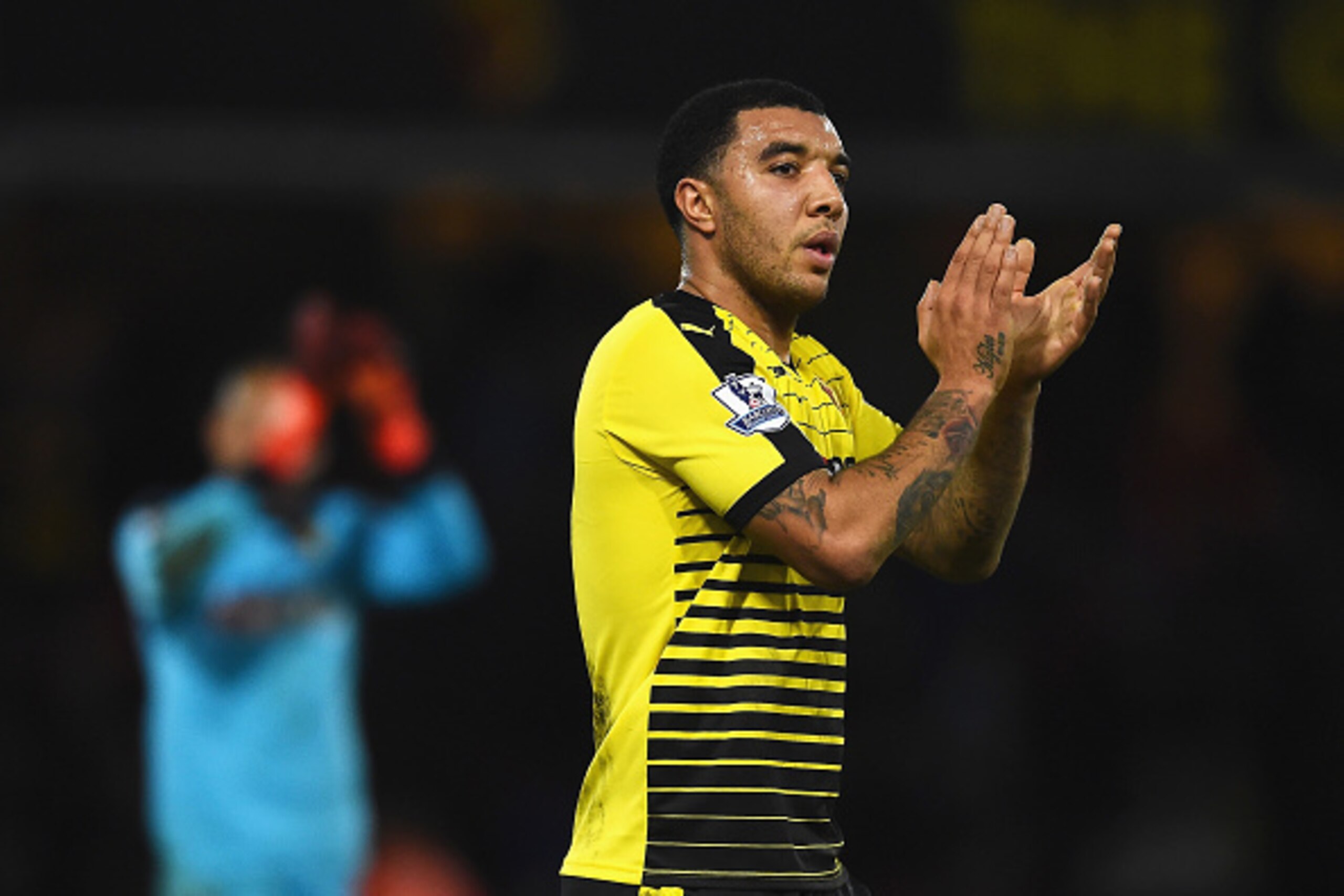 WATFORD, ENGLAND - DECEMBER 28: Troy Deeney of Watford applauds supporters after his team's 1-2 defeat in the Barclays Premier League match between Watford and Tottenham Hotspur at Vicarage Road on December 28, 2015 in Watford, England.  (Photo by Laurenc