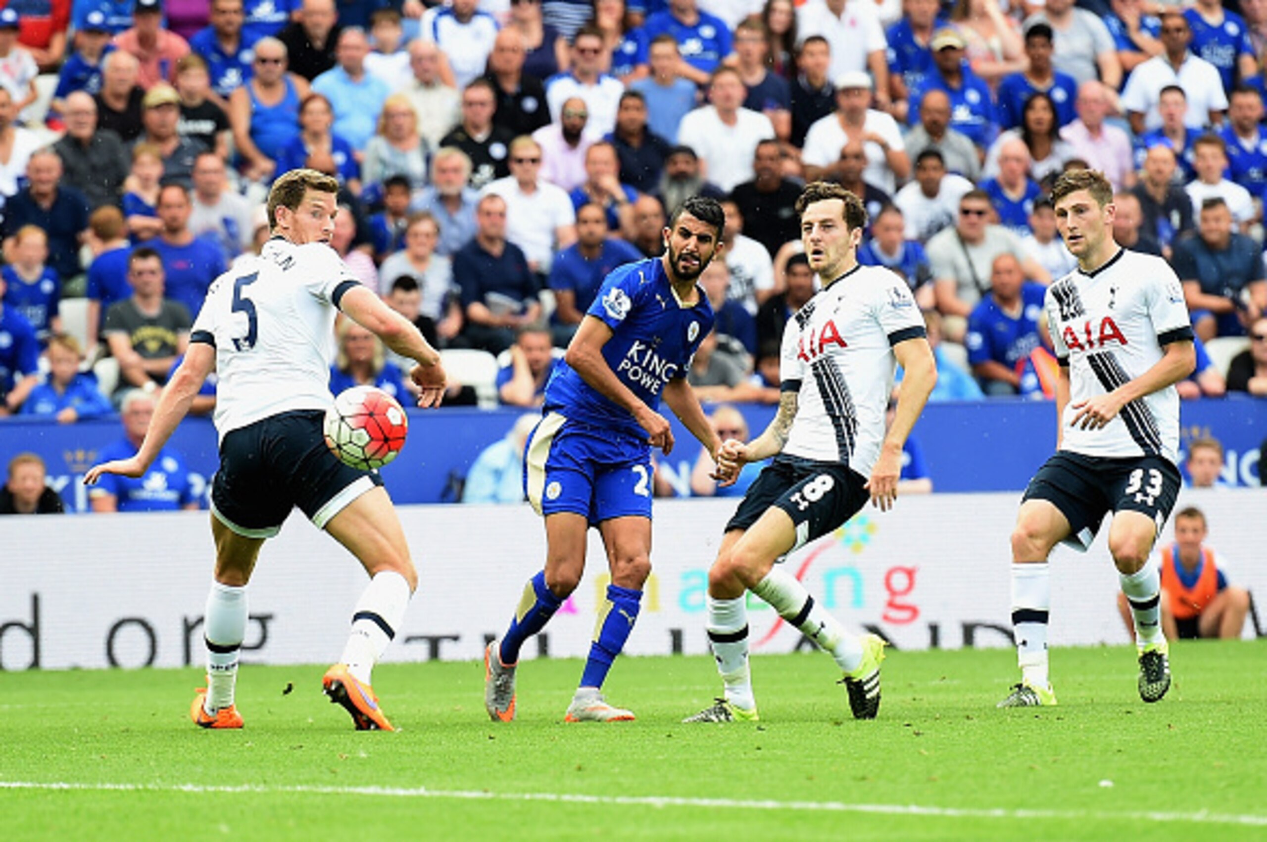 LEICESTER, ENGLAND - AUGUST 22:  Riyad Mahrez of Leicester City scores his team's first goal during the Barclays Premier League match between Leicester City and Tottenham Hotspur at The King Power Stadium on August 22, 2015 in Leicester, England.  (Photo 