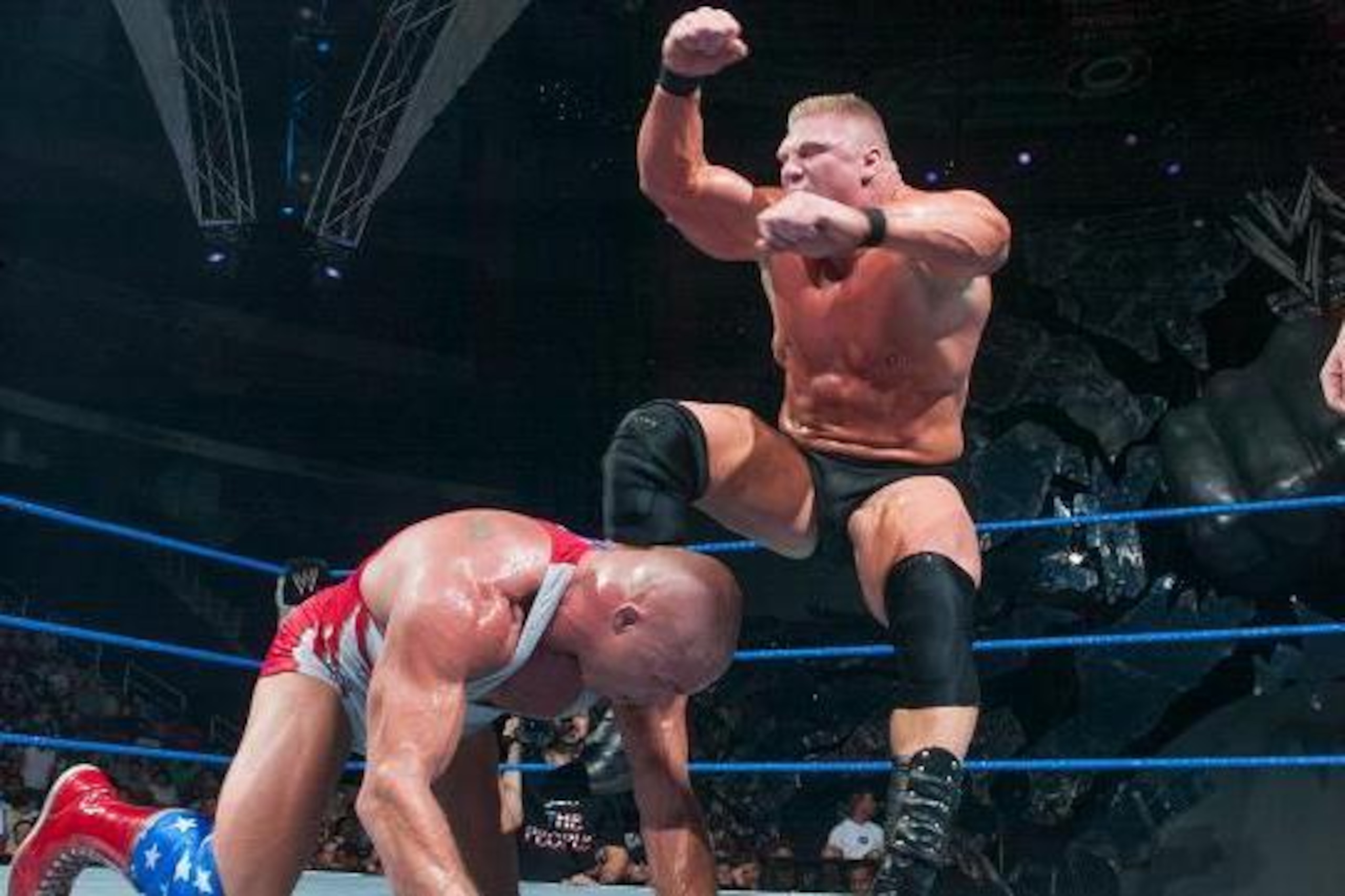 Brock Lesnar battles Kurt Angle in an Iron Man match.