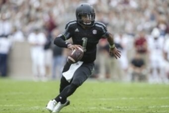 Oct 31, 2015; College Station, TX, USA; Texas A&M Aggies quarterback Kyler Murray (1) scrambles with the ball during the first quarter against the South Carolina Gamecocks at Kyle Field. Mandatory Credit: Troy Taormina-USA TODAY Sports