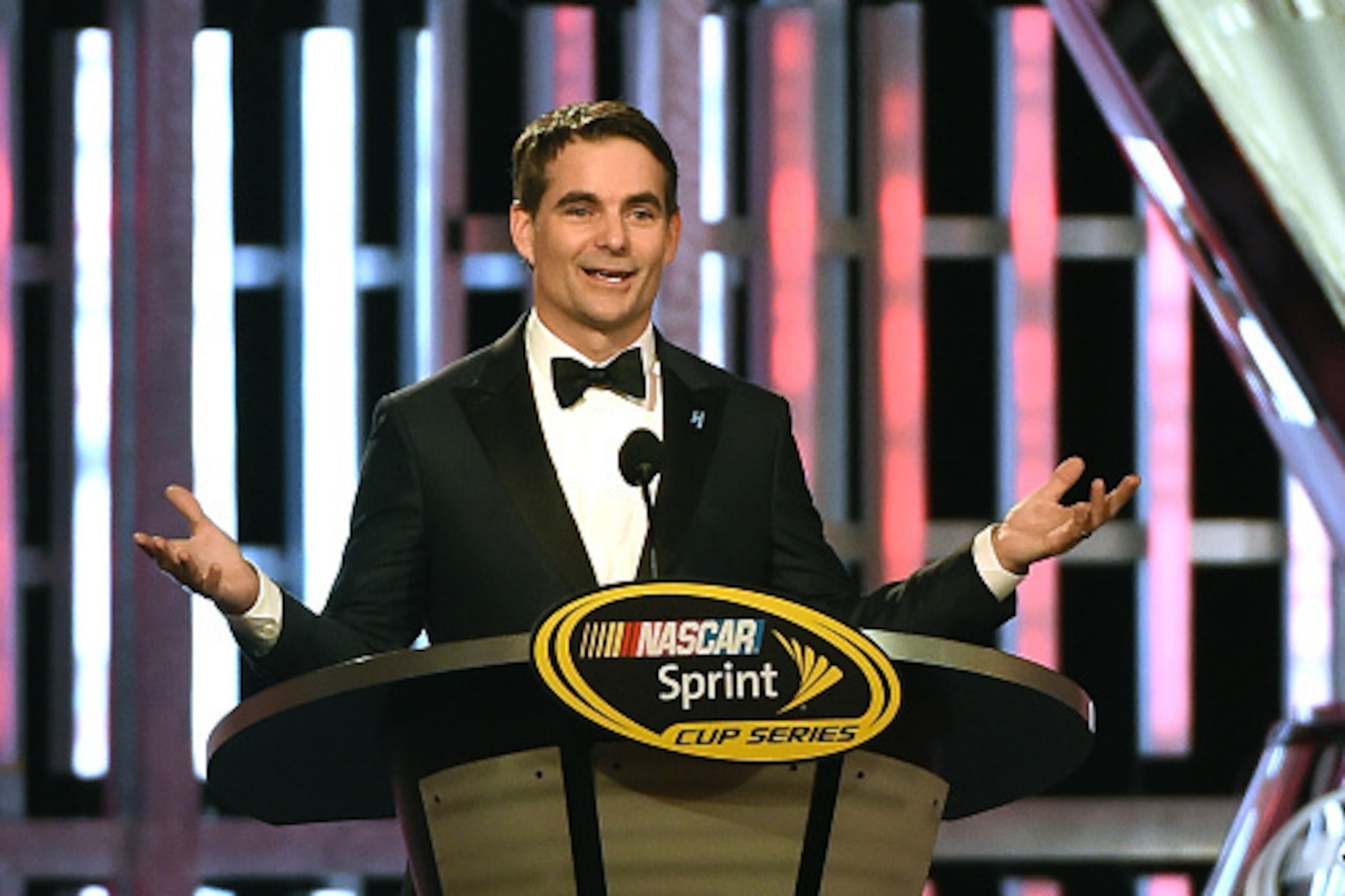 LAS VEGAS, NV - DECEMBER 04:  NASCAR Sprint Cup Series driver Jeff Gordon accepts the Bill France Award of Excellence during the 2015 NASCAR Sprint Cup Series Awards show at Wynn Las Vegas on December 4, 2015 in Las Vegas, Nevada.  (Photo by Ethan Miller/