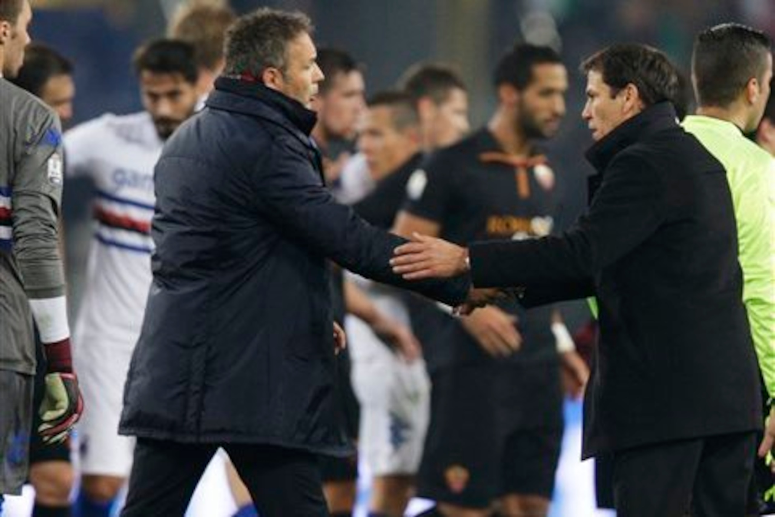 Garcia and Mihajlovic meet after Roma's January 2014 Coppa Italia tie against Sampdoria.