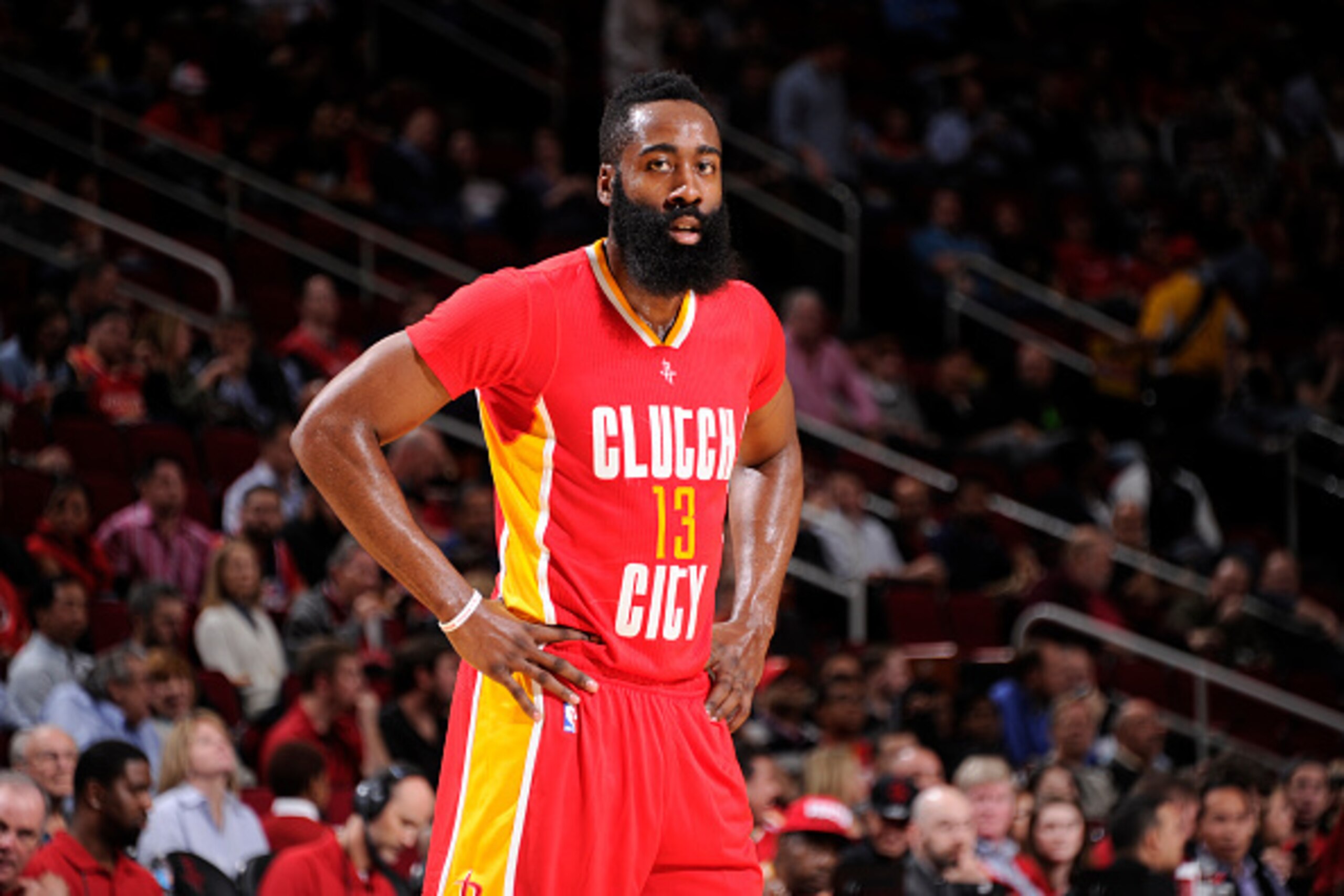 HOUSTON, TX - JANUARY 7:  James Harden #13 of the Houston Rockets stands on the court during the game against the Utah Jazz on January 7, 2016 at the Toyota Center in Houston, Texas. NOTE TO USER: User expressly acknowledges and agrees that, by downloadin