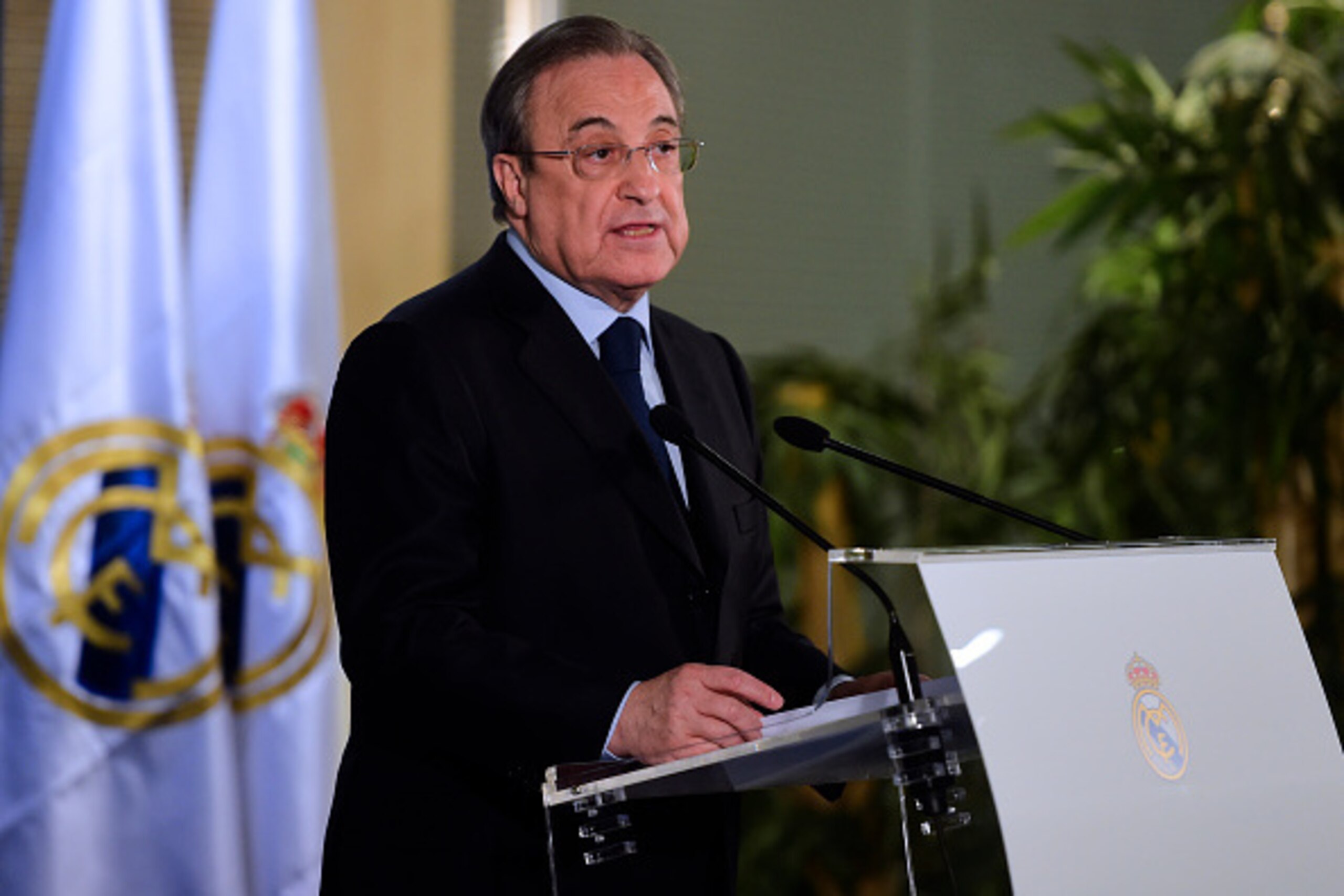 Real Madrid's president Florentino Perez speaks during a press conference at the Santiago Bernabeu stadium in Madrid on December 3, 2015, a day after the team fielded a suspended player during a match against Cadiz. Real Madrid edged closer to the Spanish