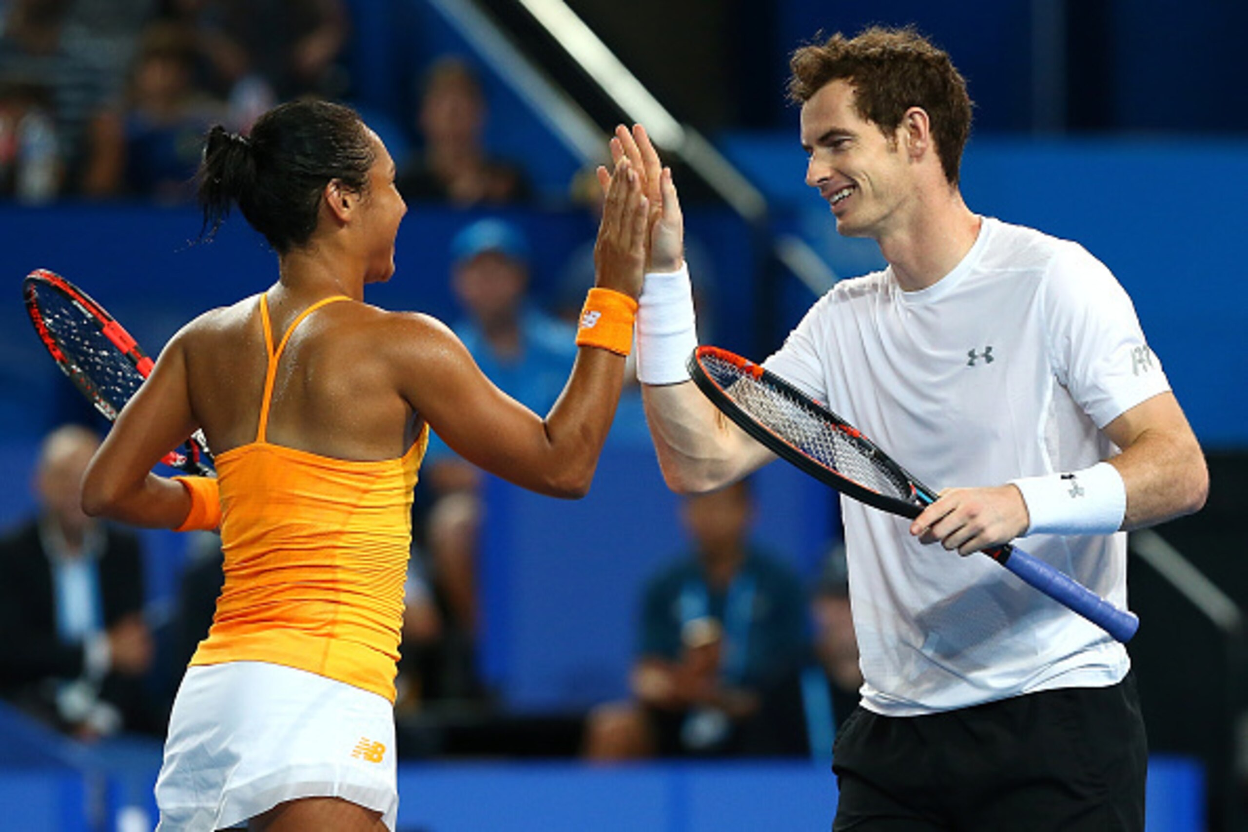 PERTH, AUSTRALIA - JANUARY 04: Heather Watson and Andy Murray of Great Britain celebrate a point in the mixed doubles match against Caroline Garcia and Kenny De Schepper of France  during day two of the 2016 Hopman Cup at Perth Arena on January 4, 2016 in