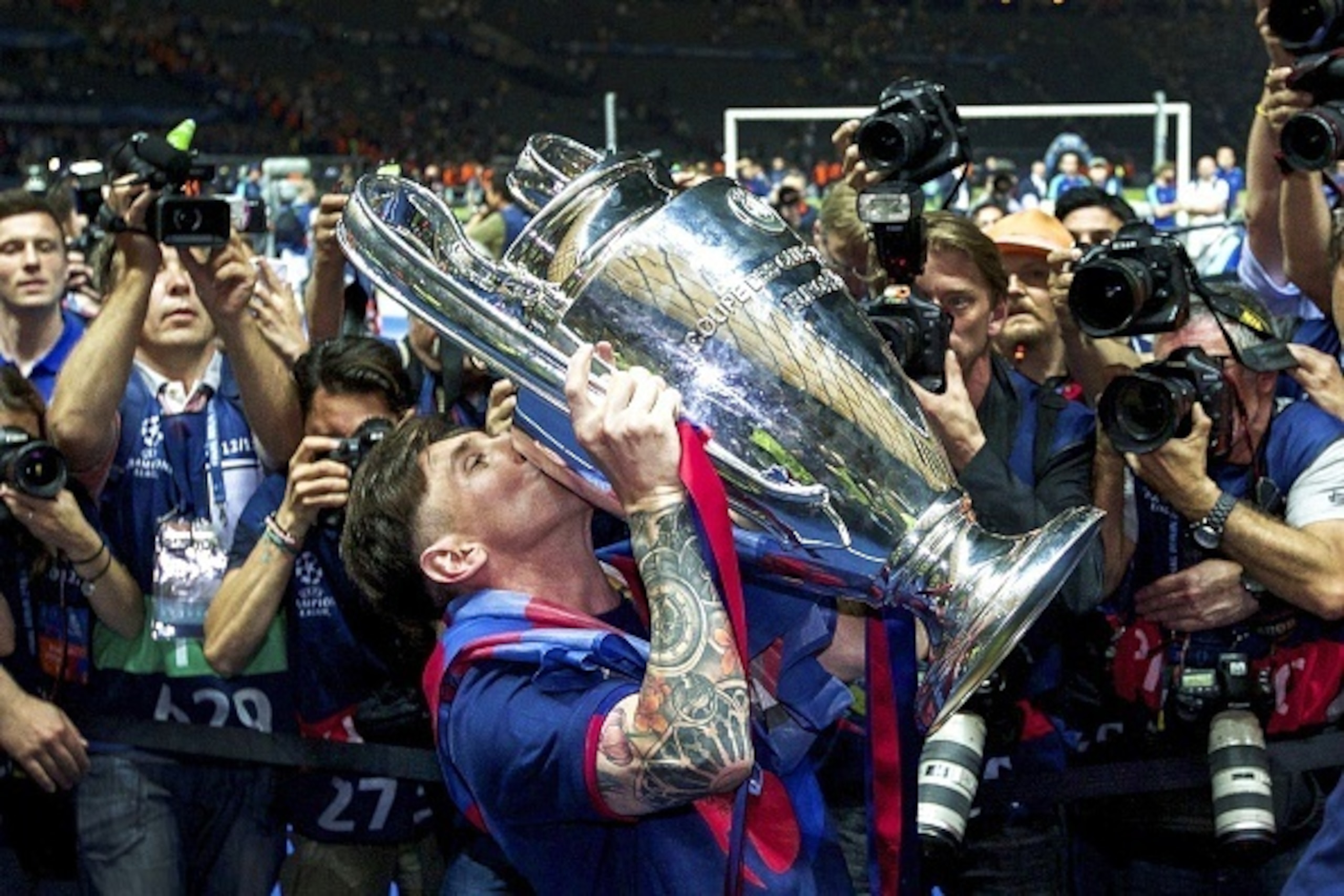 Lionel Messi of FC Barcelona with Champions League trophy during the UEFA Champions League final match between Barcelona and Juventus on June 6, 2015 at the Olympic stadium in Berlin, Germany.(Photo by VI Images via Getty Images) Lionel Messi of FC Barcelona with Champions League trophy during the UEFA Champions League final match between Barcelona and Juventus on June 6, 2015 at the Olympic stadium in Berlin, Germany.(Photo by VI Images via Getty Images)