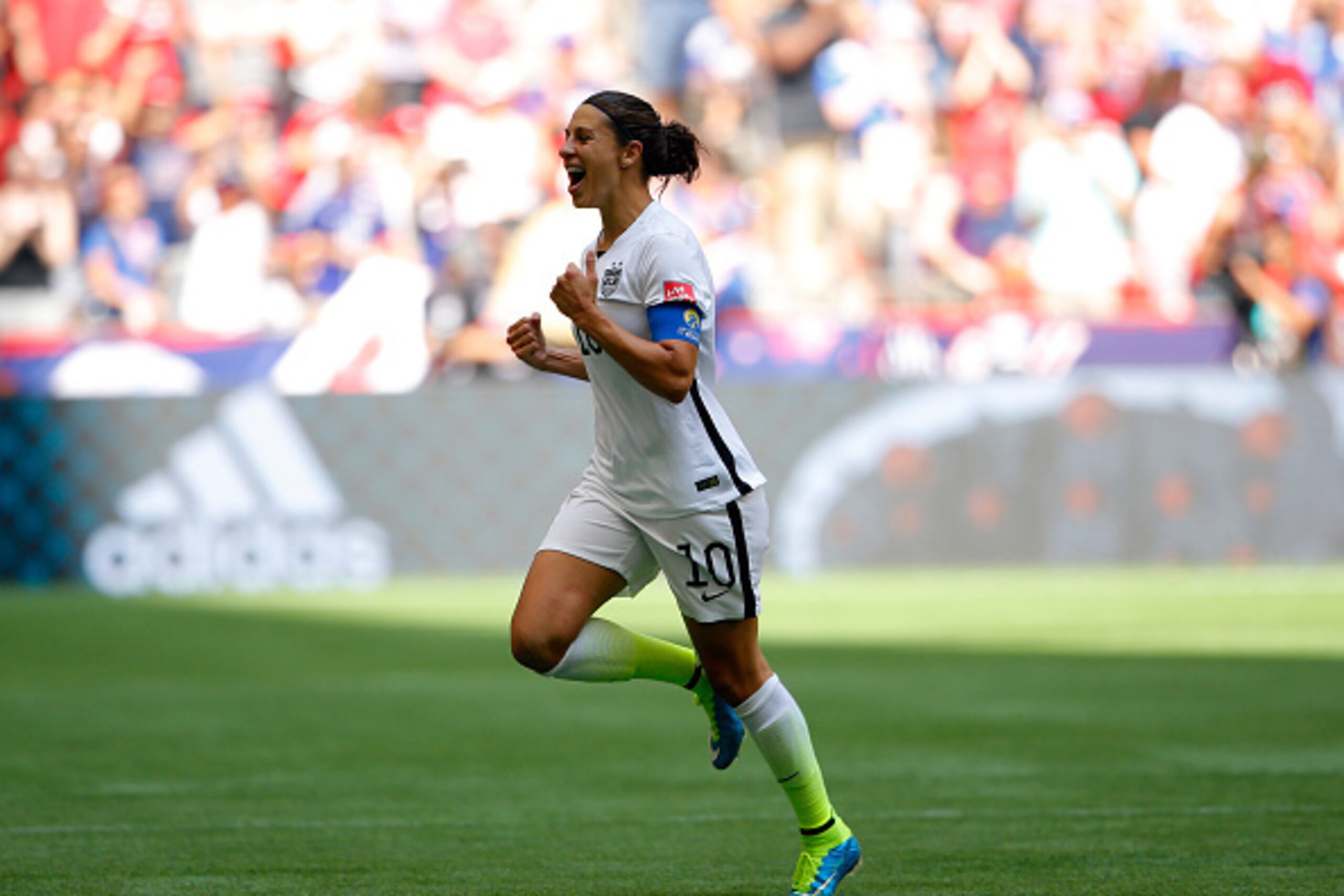 VANCOUVER, BC - JULY 05: Carli Lloyd #10 of the United States celebrates scoring the opening goal against Japan in the FIFA Women's World Cup Canada 2015 Final at BC Place Stadium on July 5, 2015 in Vancouver, Canada. (Photo by Kevin C. Cox/Getty Images VANCOUVER, BC - JULY 05: Carli Lloyd #10 of the United States celebrates scoring the opening goal against Japan in the FIFA Women's World Cup Canada 2015 Final at BC Place Stadium on July 5, 2015 in Vancouver, Canada. (Photo by Kevin C. Cox/Getty Images