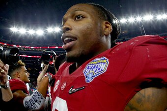 ARLINGTON, TX - DECEMBER 31:  Derrick Henry #2 of the Alabama Crimson Tide celebrates after defeating the Michigan State Spartans 38 to 0 in the Goodyear Cotton Bowl at AT&T Stadium on December 31, 2015 in Arlington, Texas.  (Photo by Ronald Martinez/Gett