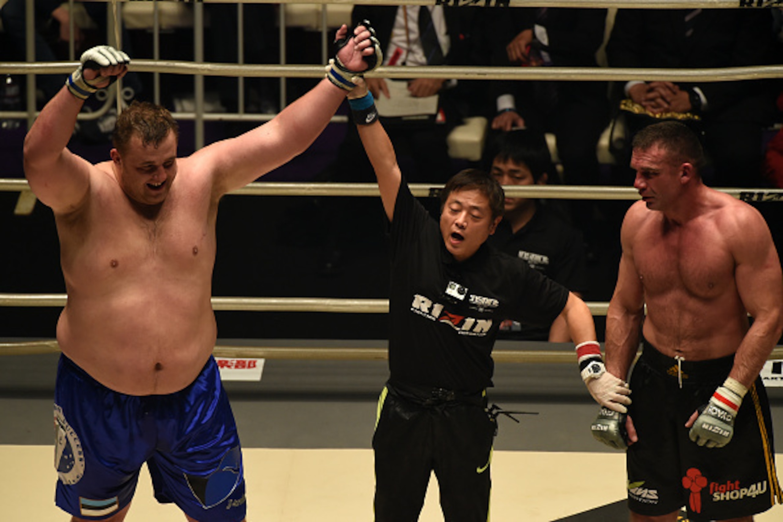 SAITAMA, JAPAN - DECEMBER 31:  Baruto of Estonia celeblates his decision victory in the bout Rizin Fighting World Grand Prix against Peter Aerts of Netherlands during the Rizin Iza Saltation at Saitama Super Arena on December 31, 2015 in Saitama, Japan.  