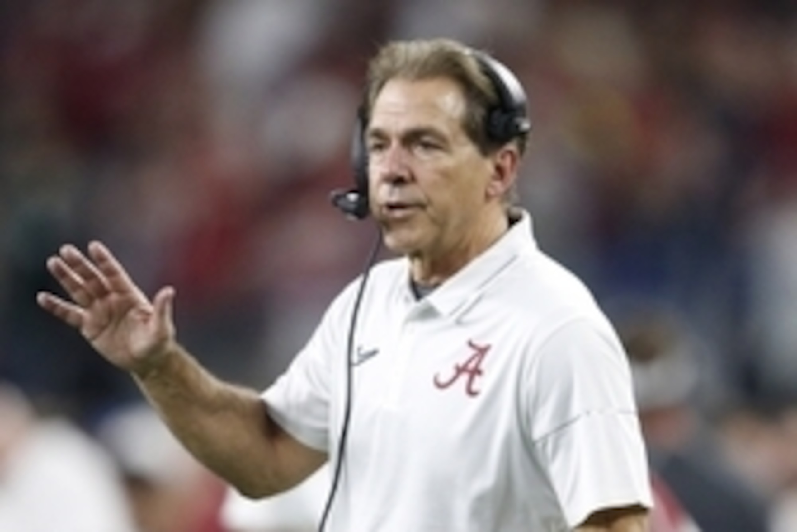 Dec 31, 2015; Arlington, TX, USA; Alabama Crimson Tide head coach Nick Saban reacts in the third quarter against the Michigan State Spartans in the 2015 CFP semifinal at the Cotton Bowl at AT&T Stadium. Mandatory Credit: Matthew Emmons-USA TODAY Sports