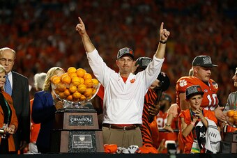 MIAMI GARDENS, FL - DECEMBER 31: Head coach Dabo Swinney of the Clemson Tigers celebrates the teams victory against the Oklahoma Sooners at the 2015 Capital One Orange Bowl at Sun Life Stadium on December 29, 2015 in Miami Gardens, Florida. Clemson defeat