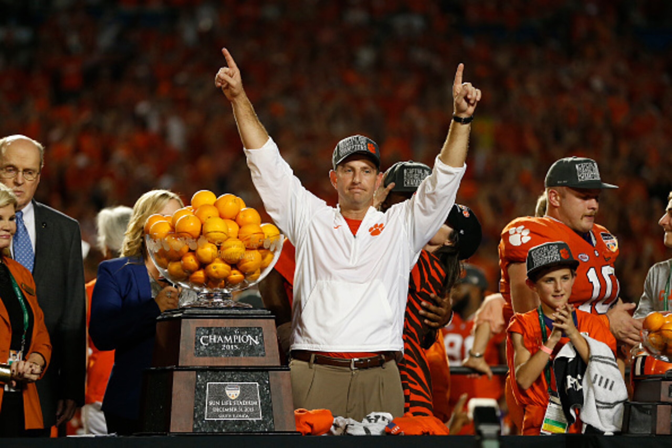 MIAMI GARDENS, FL - DECEMBER 31: Head coach Dabo Swinney of the Clemson Tigers celebrates the teams victory against the Oklahoma Sooners at the 2015 Capital One Orange Bowl at Sun Life Stadium on December 29, 2015 in Miami Gardens, Florida. Clemson defeat