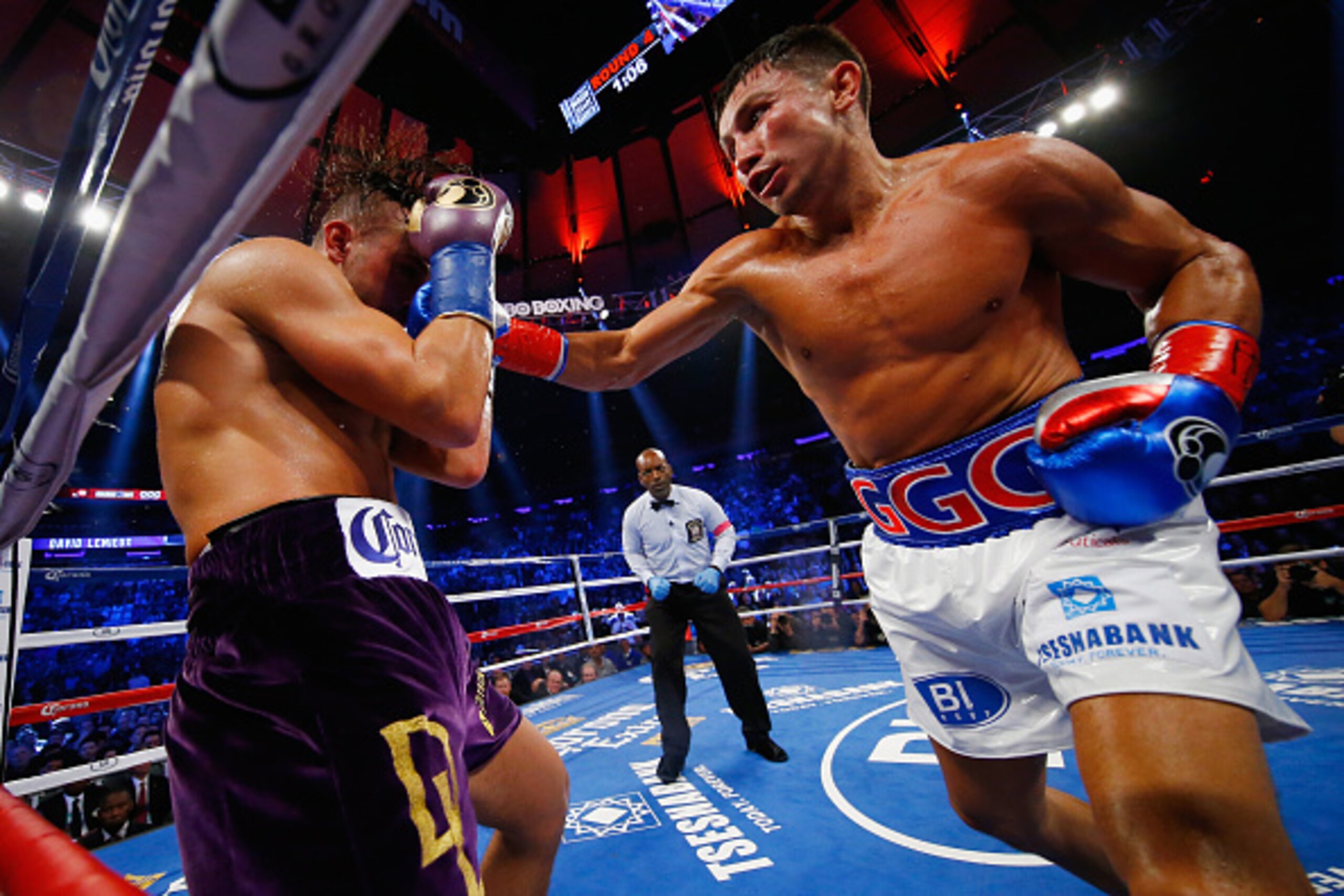NEW YORK, NY - OCTOBER 17: Gennady Golovkin punches David Lemieux during their WBA/WBC interim/IBF middleweight title unification bout at Madison Square Garden on October 17, 2015 in New York City. (Photo by Al Bello/Getty Images) NEW YORK, NY - OCTOBER 17: Gennady Golovkin punches David Lemieux during their WBA/WBC interim/IBF middleweight title unification bout at Madison Square Garden on October 17, 2015 in New York City. (Photo by Al Bello/Getty Images)